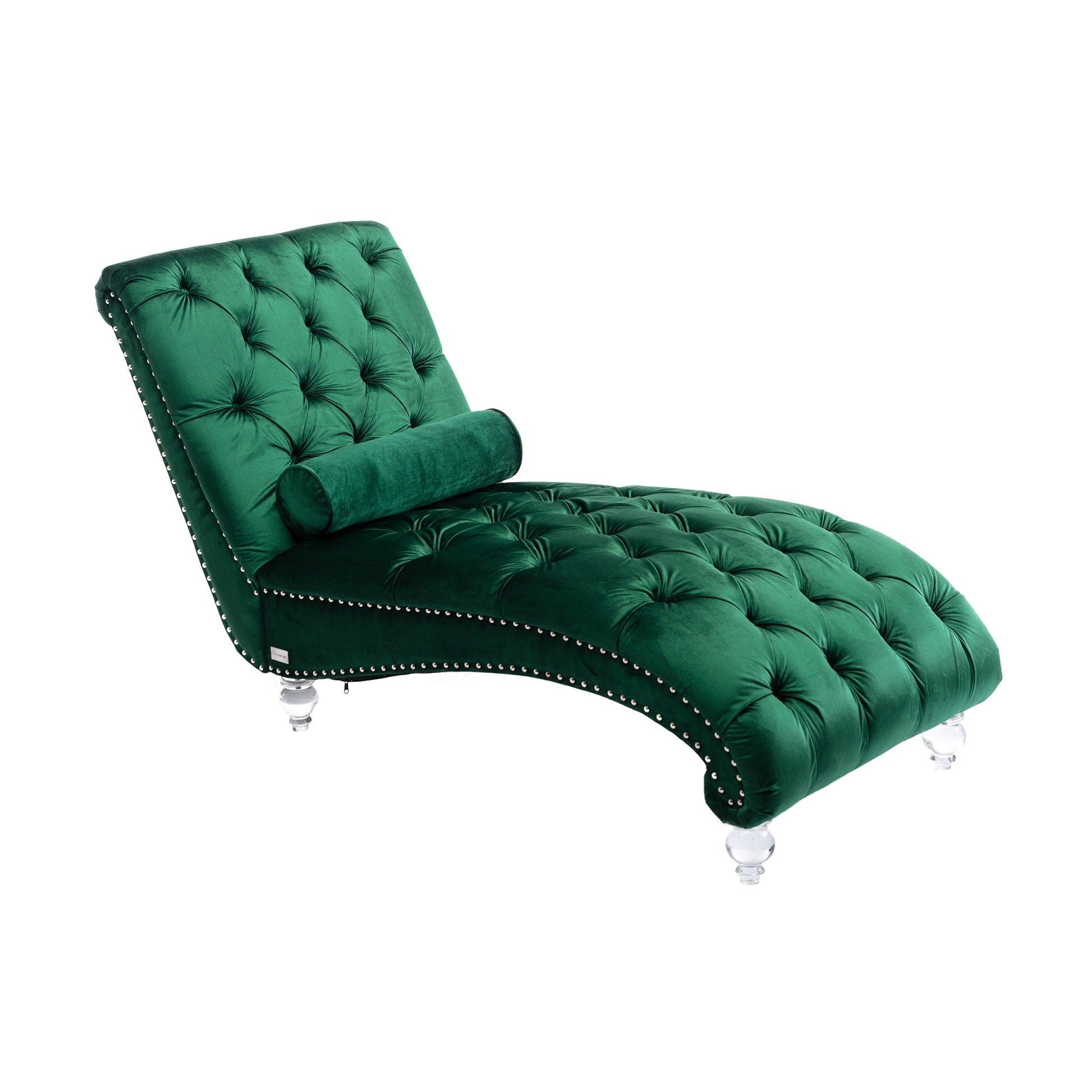 Emerald green velvet tufted chaise lounge with silver nailhead trim and acrylic legs