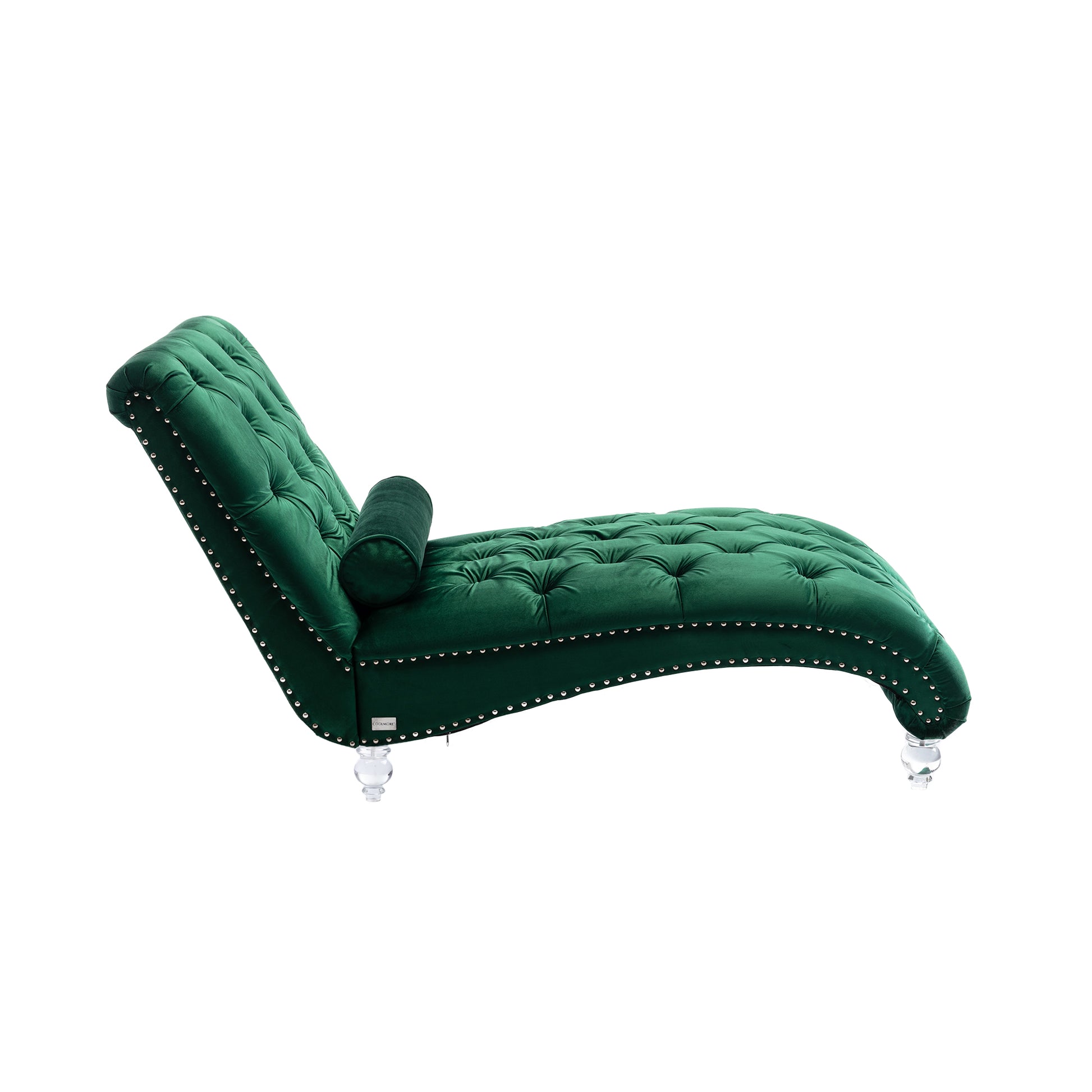 Emerald green velvet chaise lounge with crystal legs and tufted design