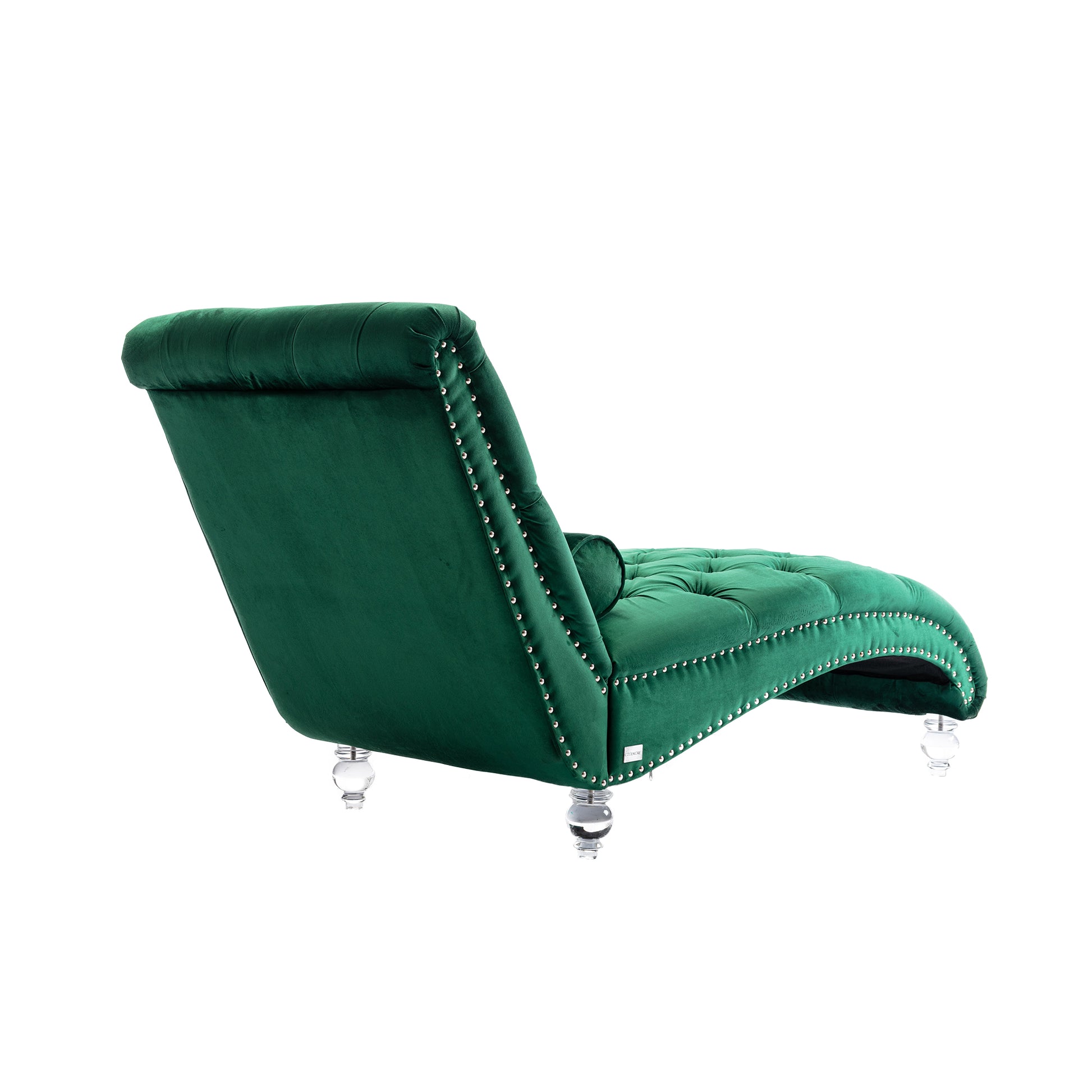 Green velvet chaise lounge with crystal legs and silver nailhead trim