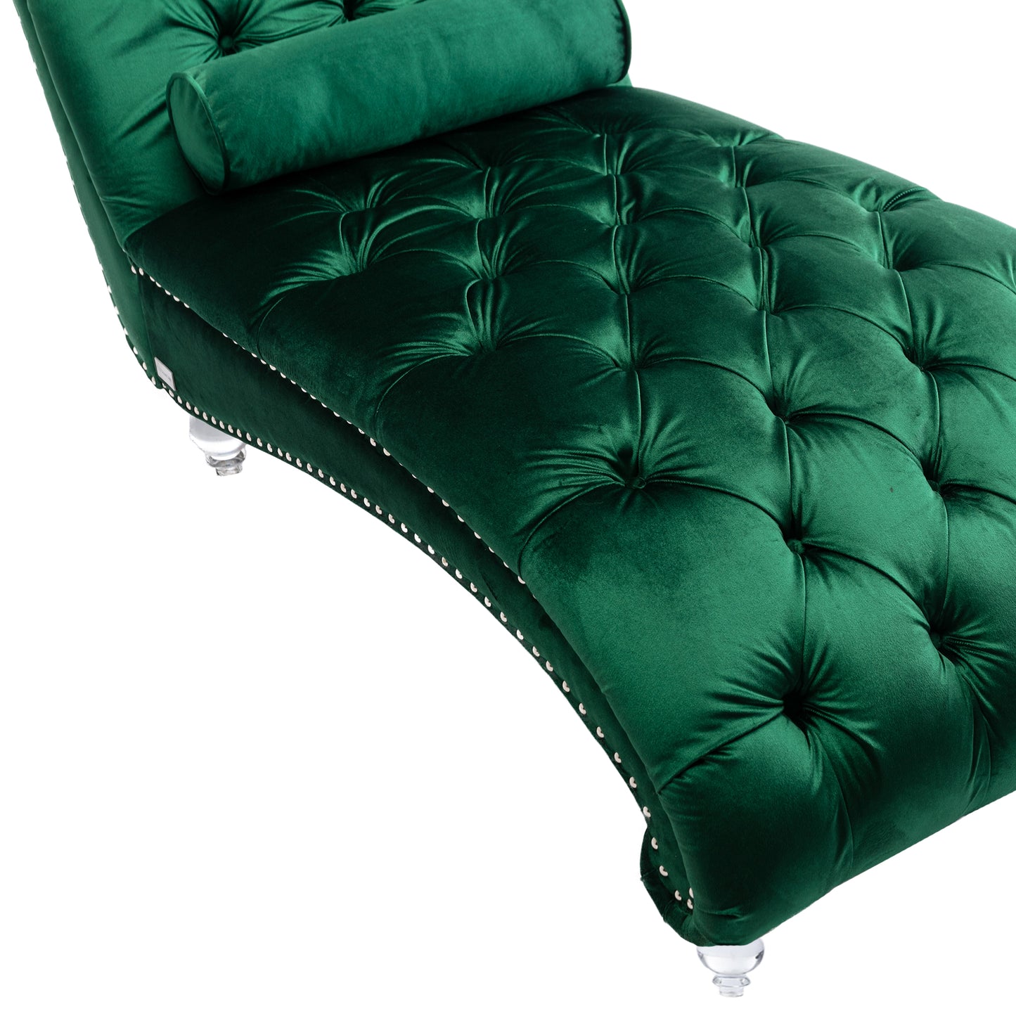 Luxurious emerald green velvet chaise lounge with tufted details and nailhead trim