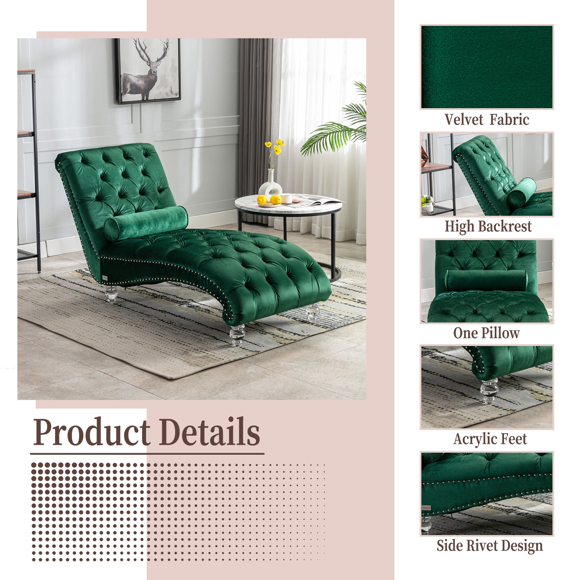 Emerald green velvet chaise lounge with tufted button design and silver nailhead trim accents