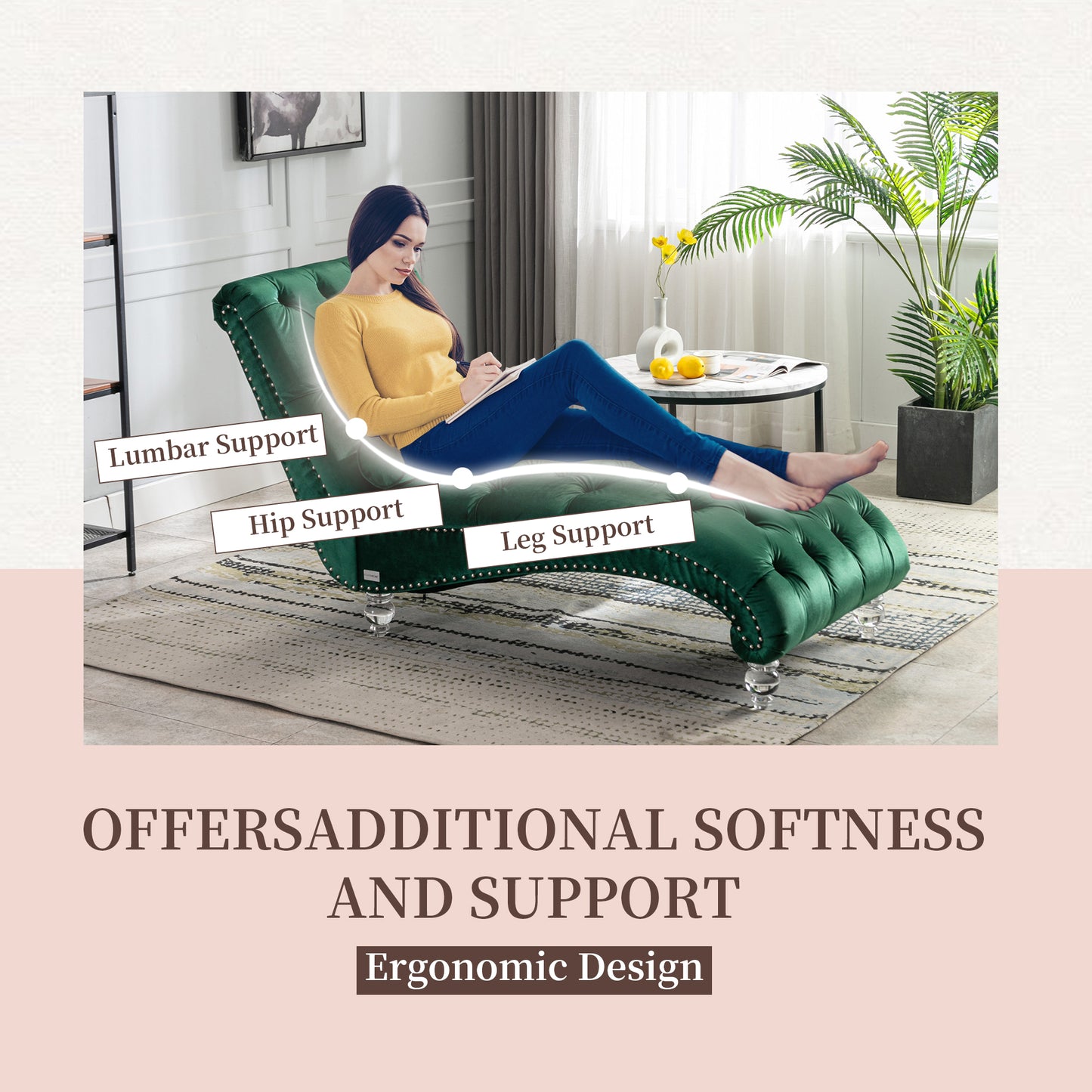 Emerald green velvet chaise lounge with tufted design and clear acrylic legs offering lumbar and hip support