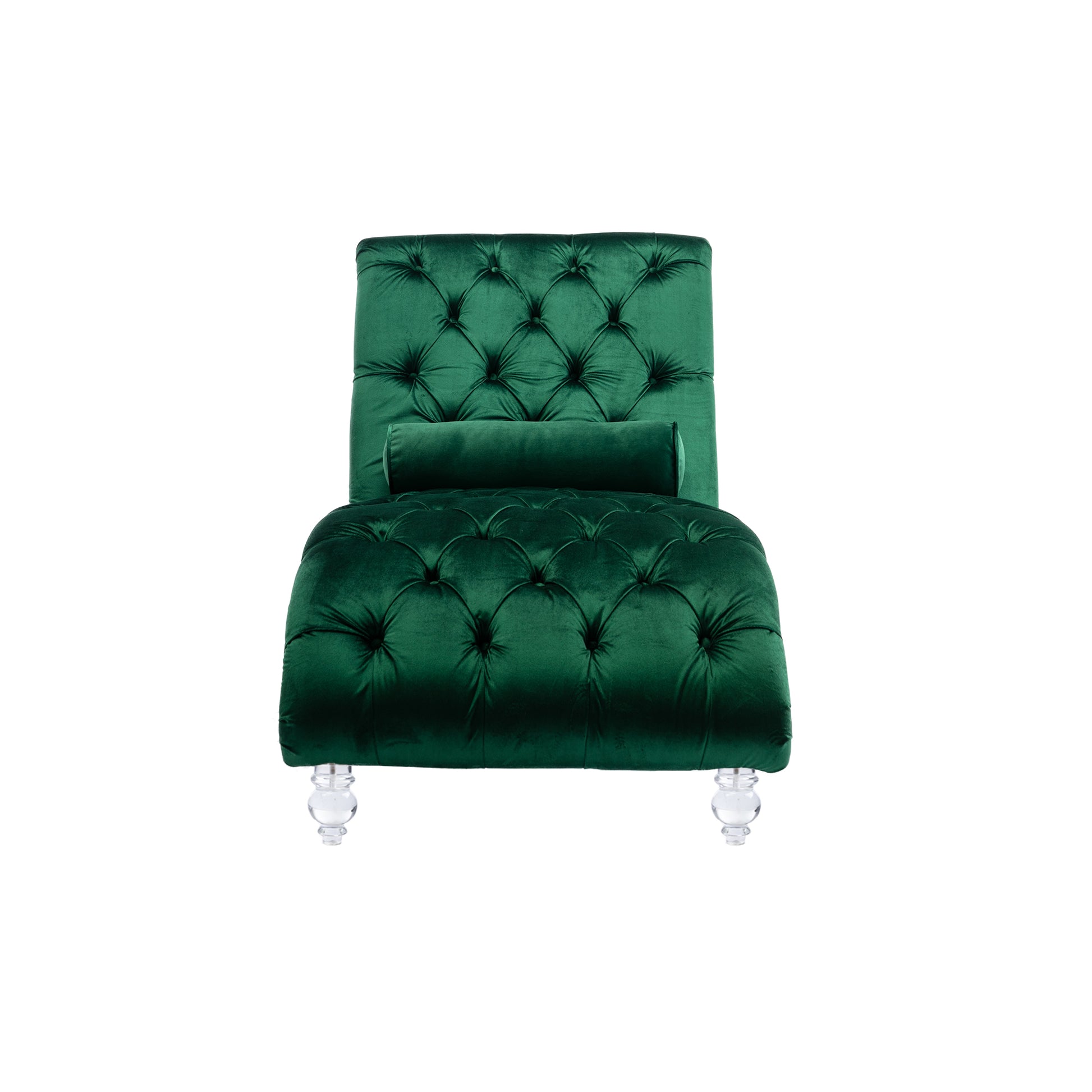 Emerald green velvet tufted chaise lounge with a decorative bolster pillow