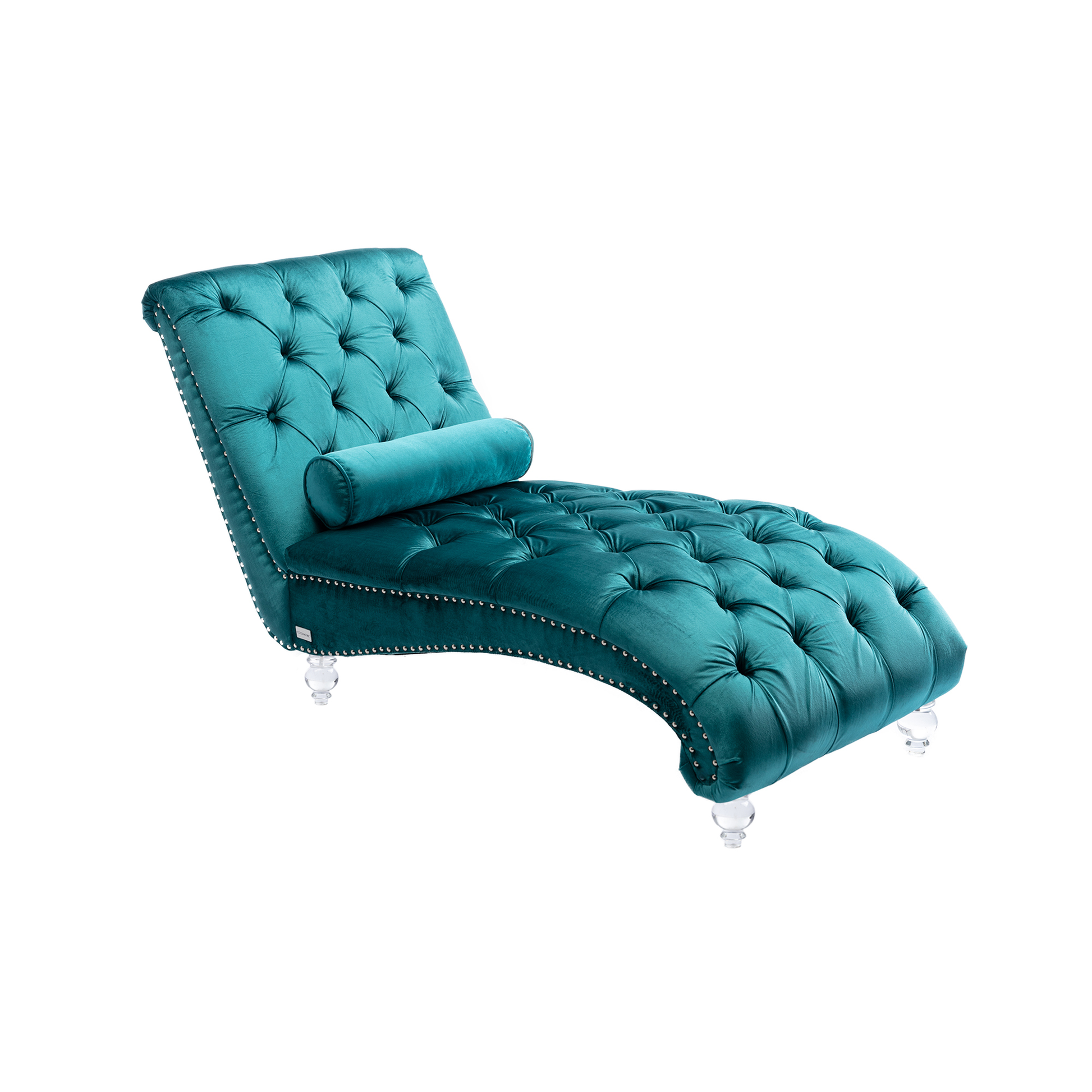Teal velvet tufted chaise lounge with crystal legs and stud accents