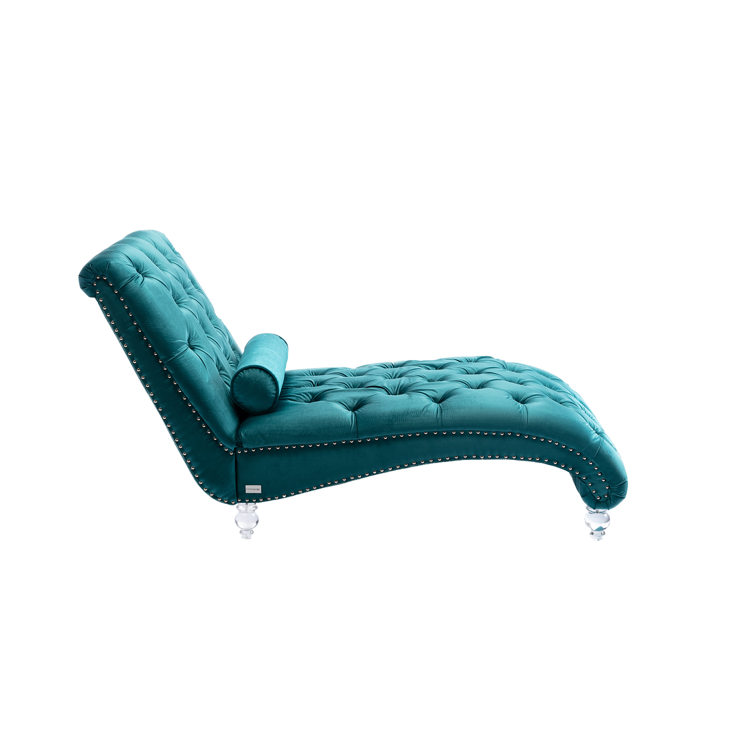 Teal velvet chaise lounge with tufted upholstery and crystal legs