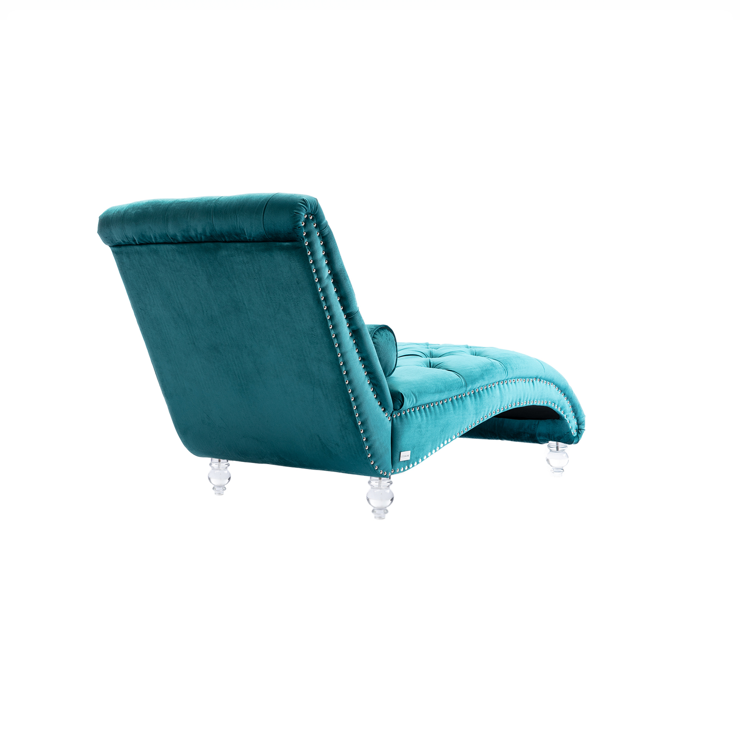 Teal velvet chaise lounge with diamond tufting and silver nailhead trim