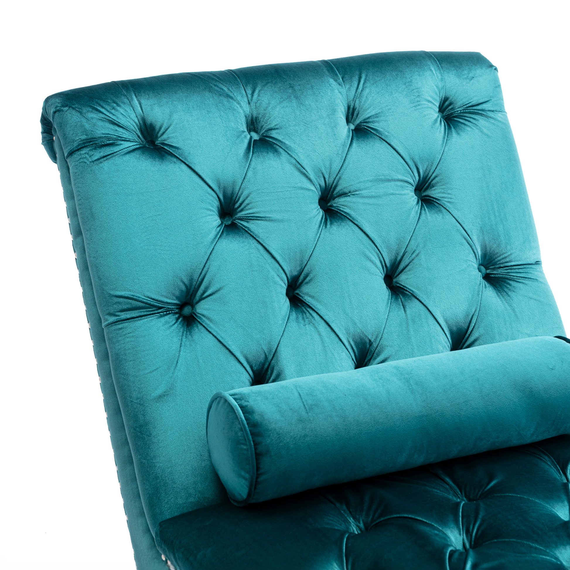 Teal velvet chaise lounge with diamond tufting and bolster pillow