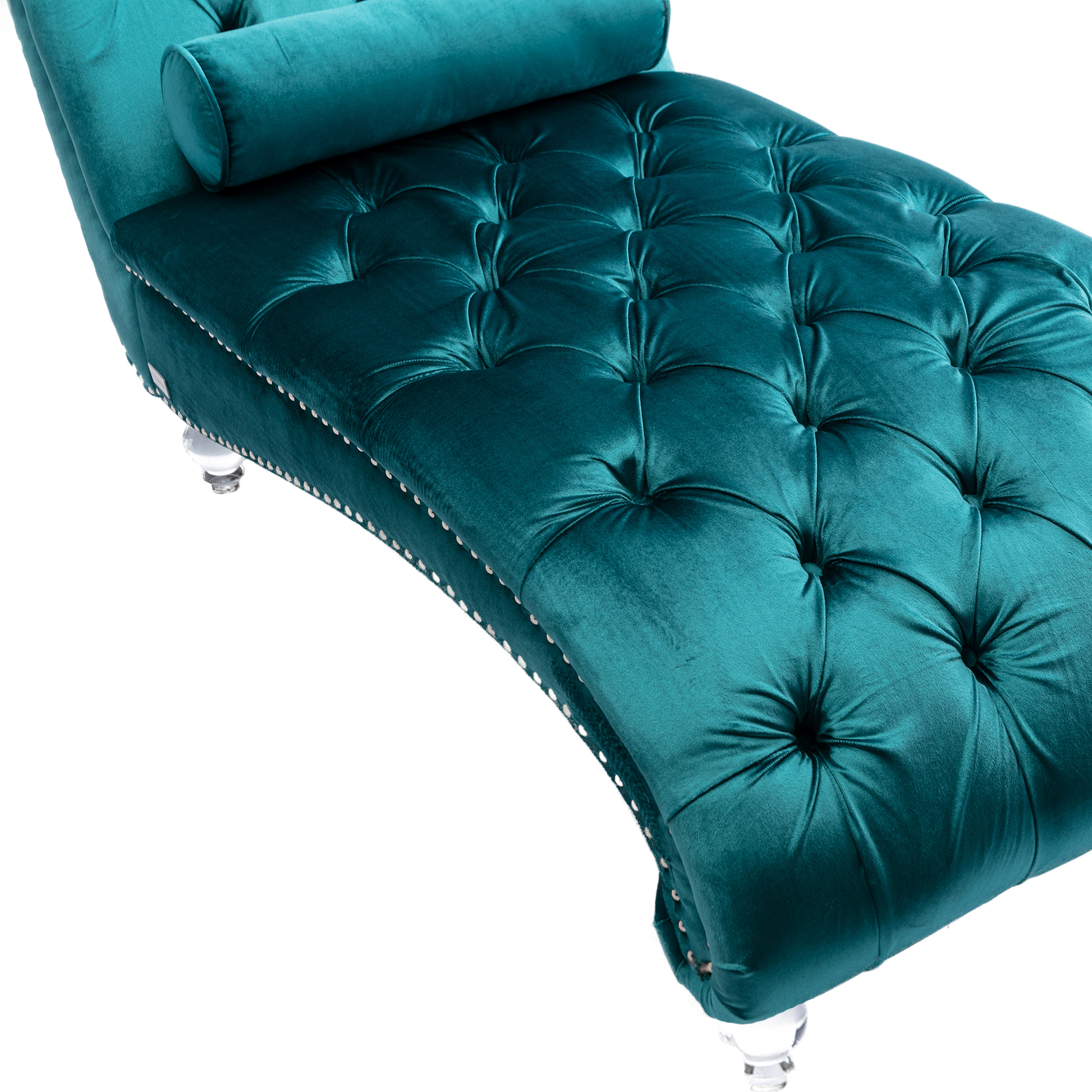 Teal velvet chaise lounge with diamond tufting and nailhead trim