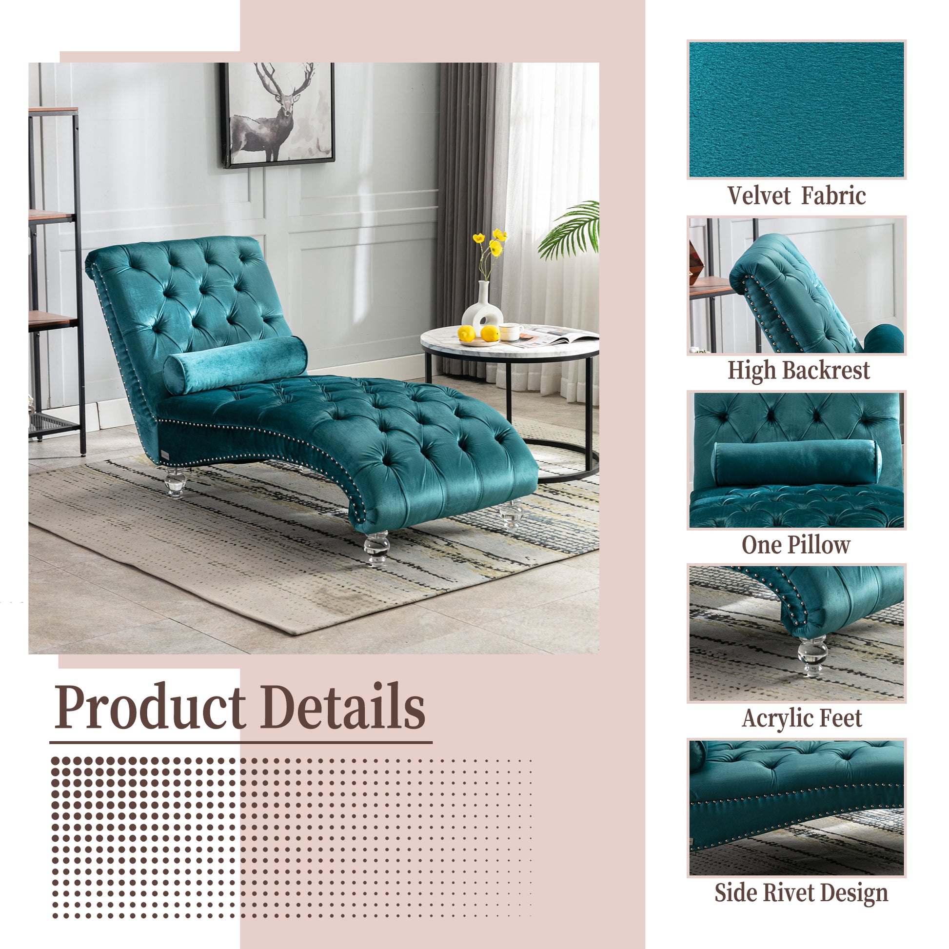Teal velvet chaise lounge with tufted backrest and decorative silver nailhead trim