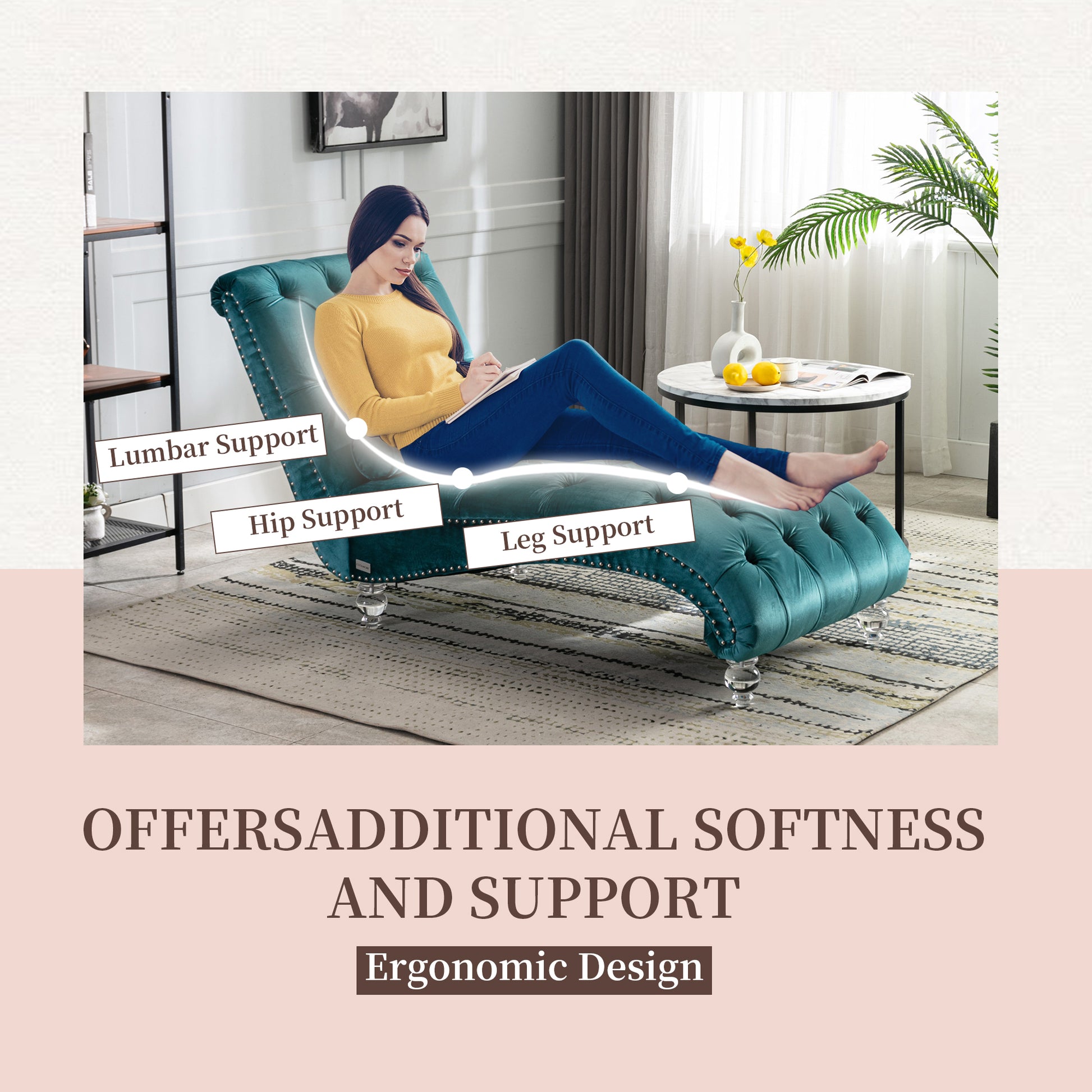 Teal velvet chaise lounge with button tufting and crystal legs offering ergonomic design