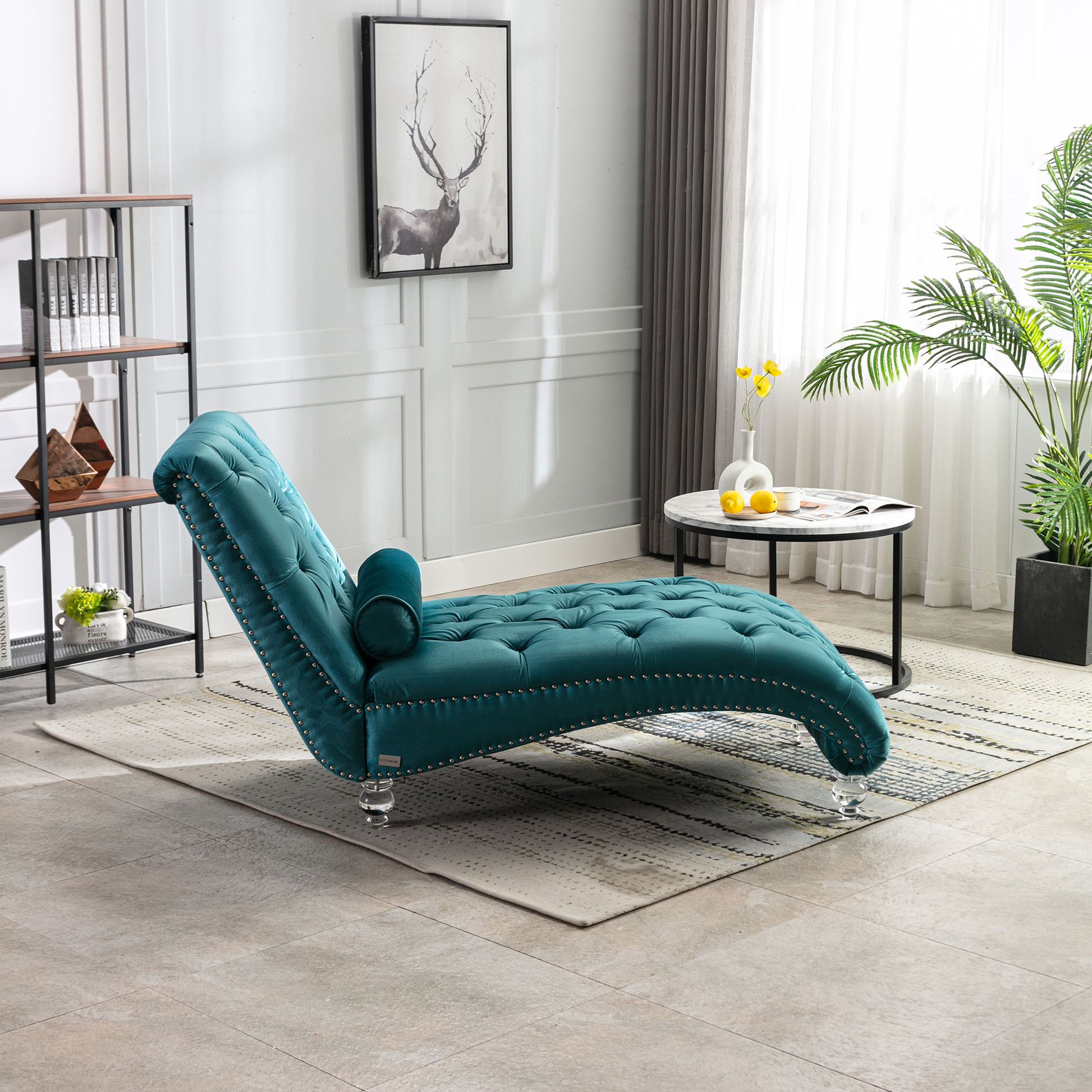 Teal velvet chaise lounge with tufted back and silver nailhead trim modern accent furniture