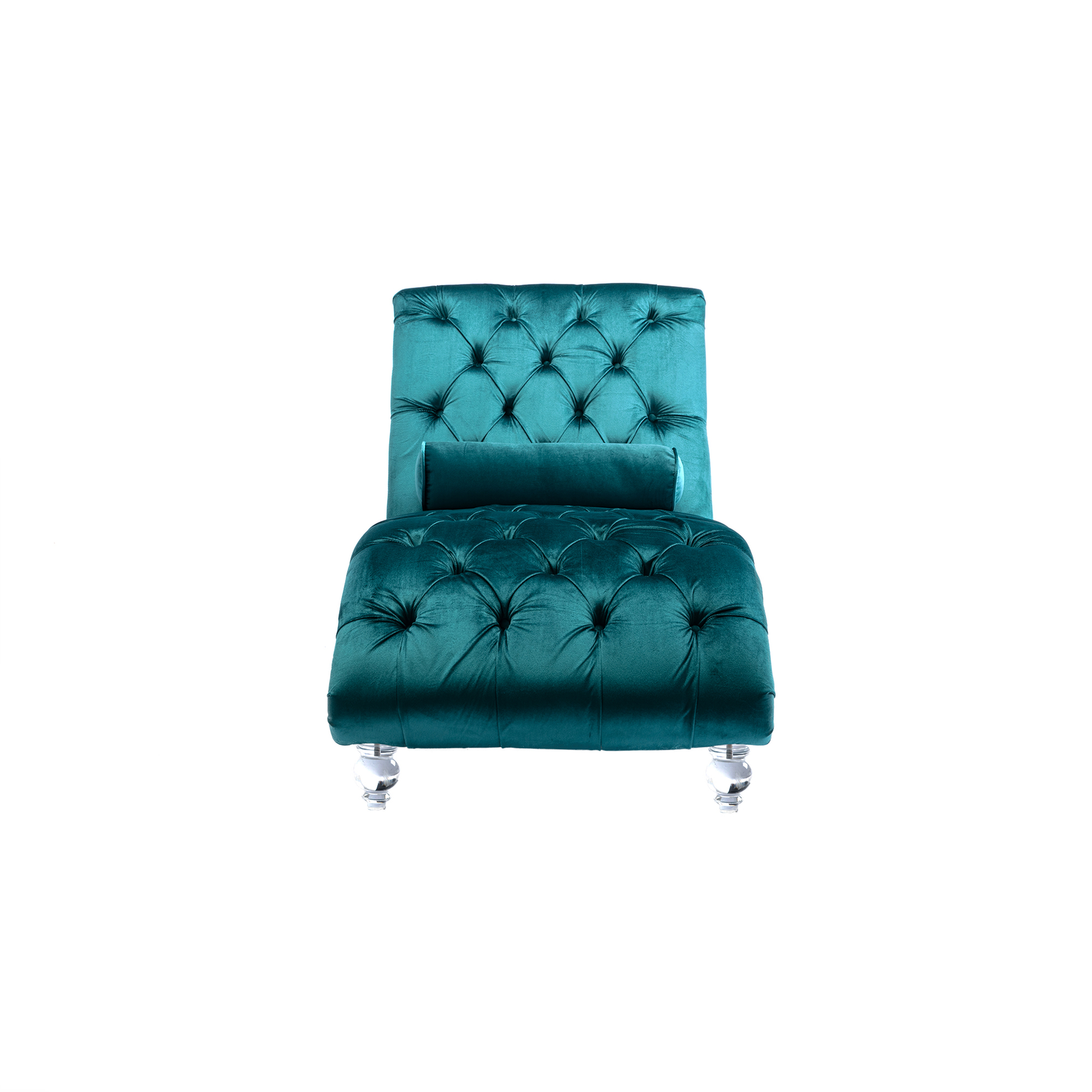 Teal velvet chaise lounge with diamond tufting and clear acrylic legs