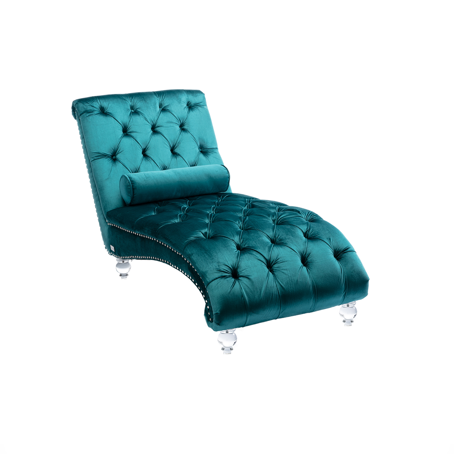 Teal velvet tufted chaise lounge with crystal legs ideal for a luxurious living room