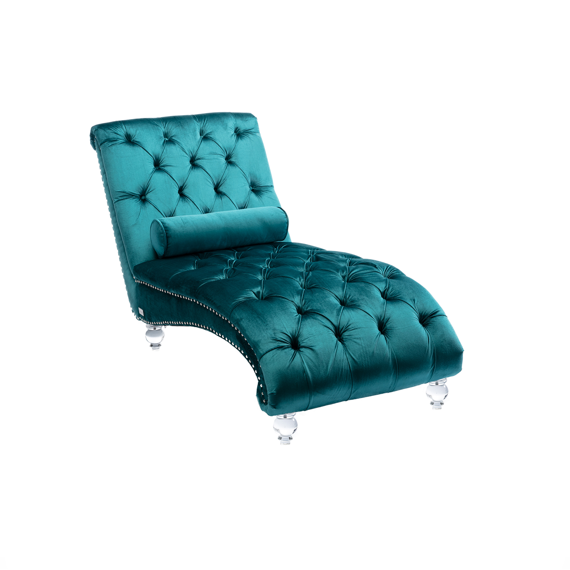 Teal velvet tufted chaise lounge with crystal legs ideal for a luxurious living room