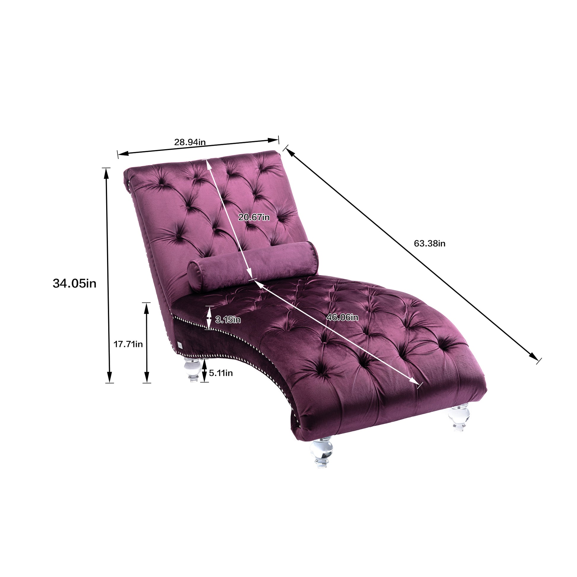 Plush purple velvet chaise lounge with crystal legs featuring tufted upholstery