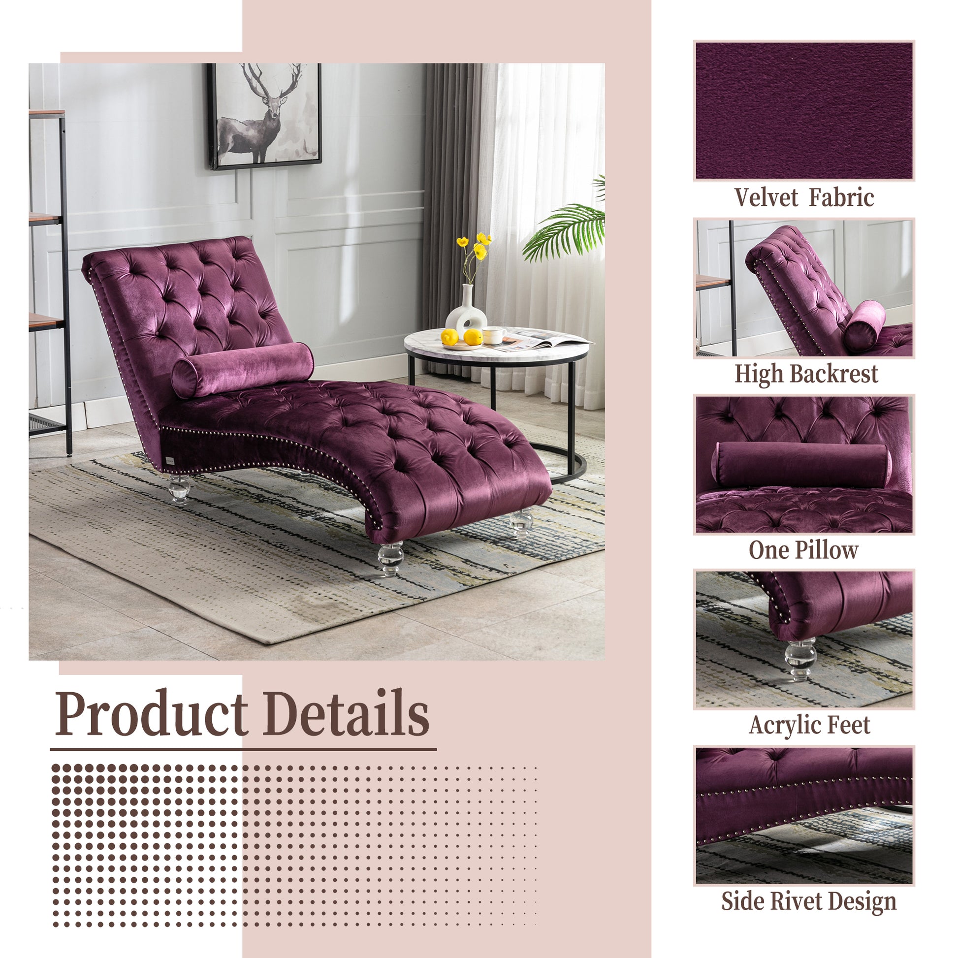 Tufted purple velvet chaise lounge with acrylic legs and silver studs