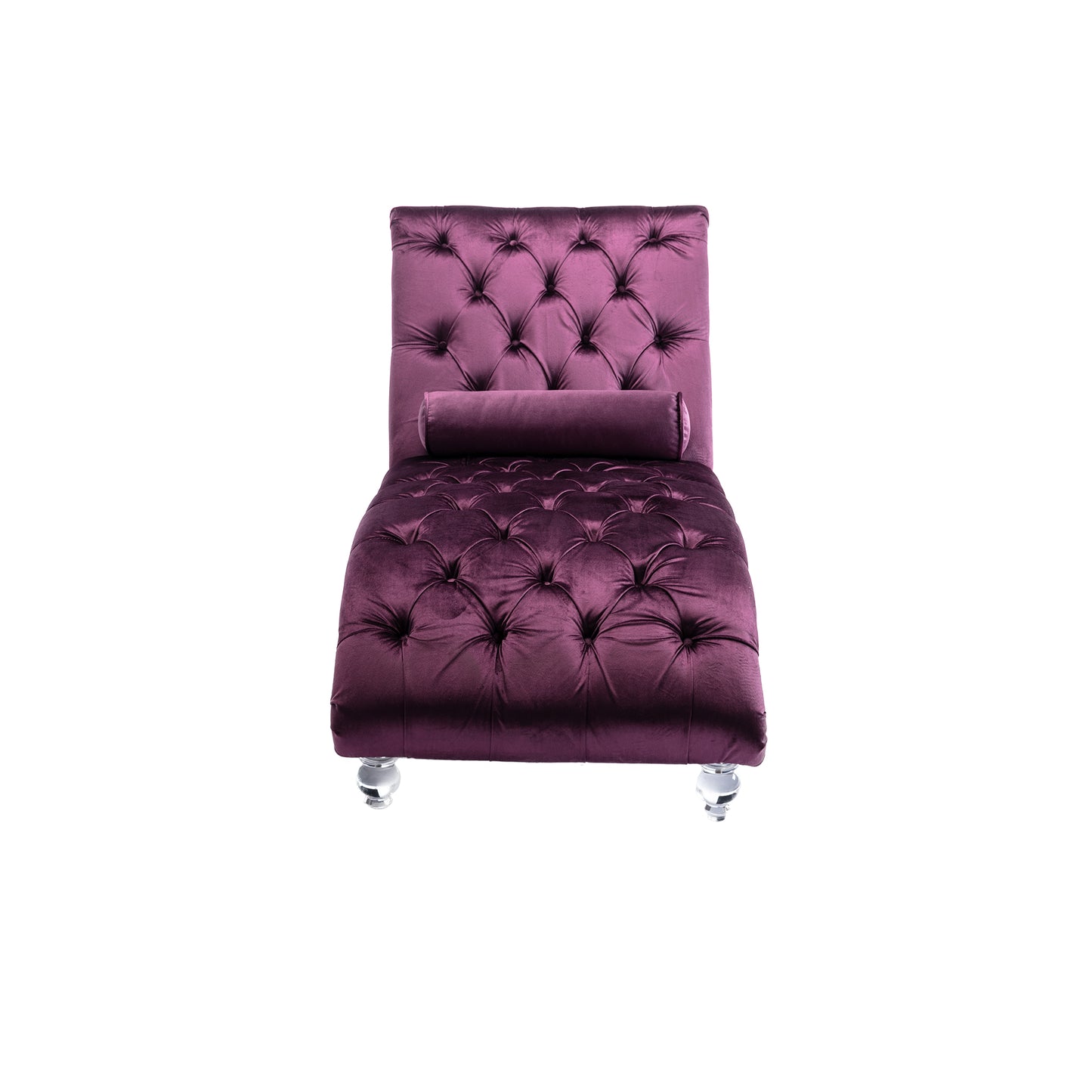 Plush purple velvet chaise lounge with crystal legs and button tufting