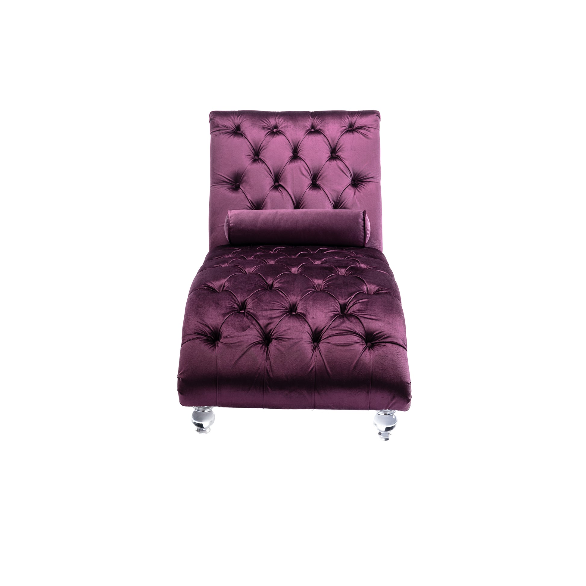 Plush purple velvet chaise lounge with crystal legs and button tufting
