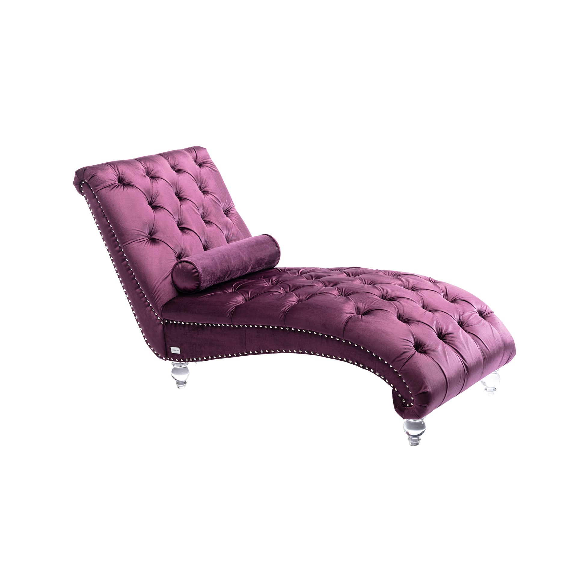 Plush purple velvet chaise lounge with diamond tufting and silver nailhead trim