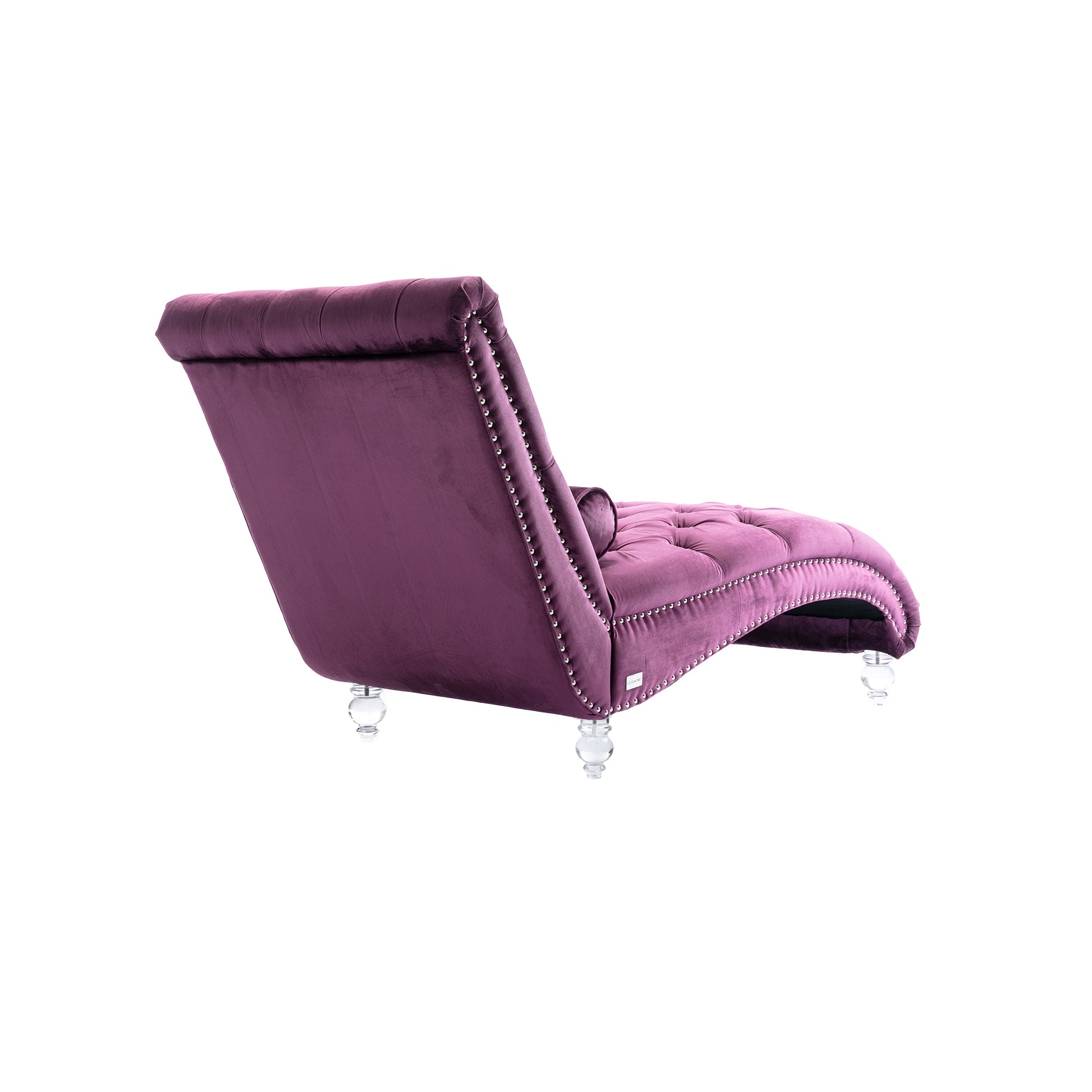 Purple velvet chaise lounge with diamond tufting and crystal legs