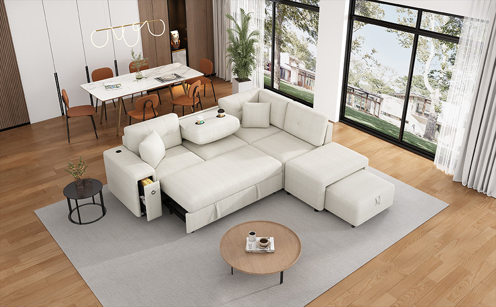 Cream sectional sofa with builtin storage and pullout bed for modern living spaces