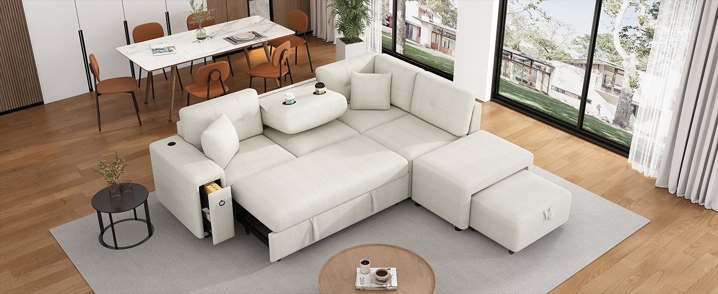 Cream sectional sleeper sofa with integrated storage and cup holders