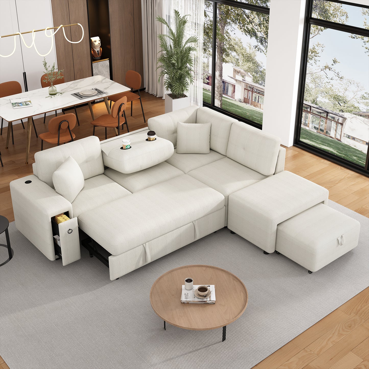 Offwhite modular sectional sofa with hidden storage compartments and builtin cup holders