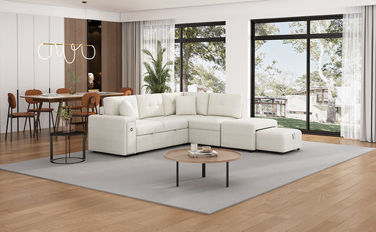 White tufted sectional sofa with storage ottoman and coordinating throw pillows in a living room