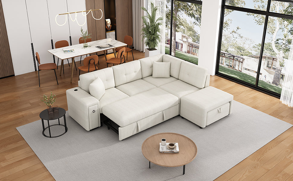 Cream sectional sofa with pullout bed and storage ottoman in modern living room