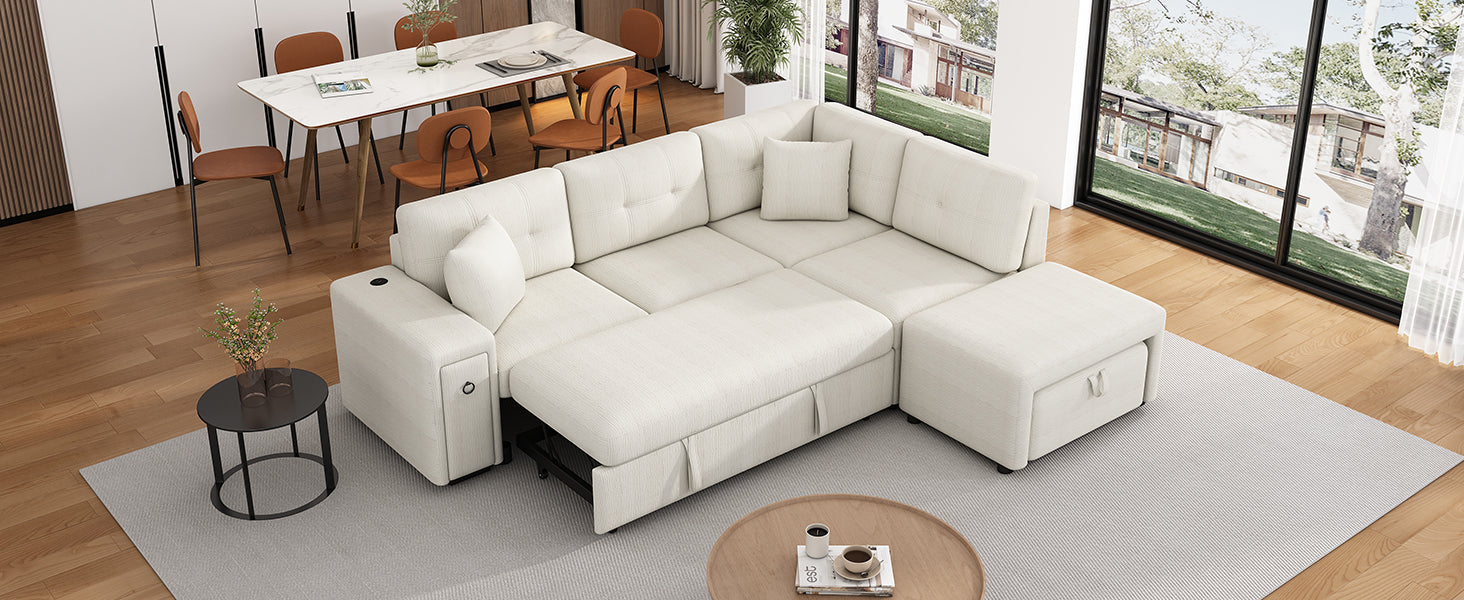 Sectional sofa with pullout bed in light beige fabric perfect for modern living rooms