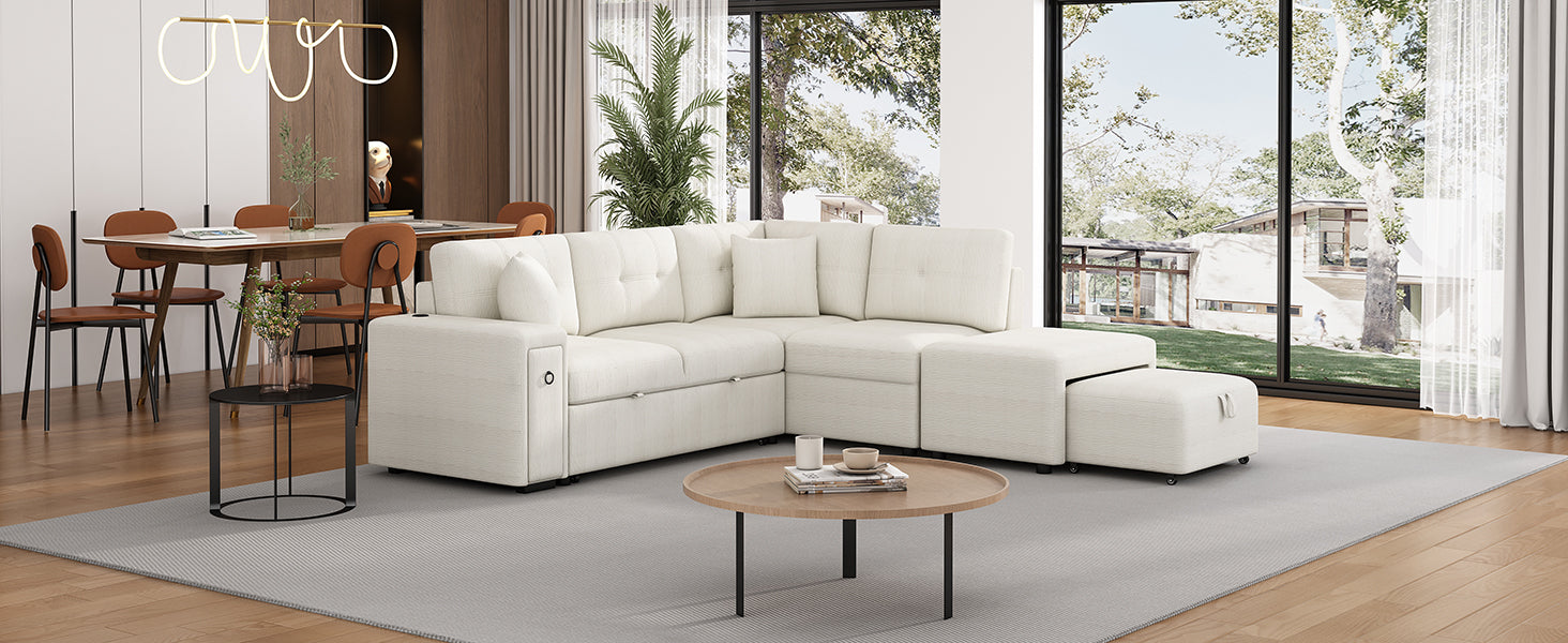 Cream sectional sofa with tufted cushions and integrated storage for modern living room