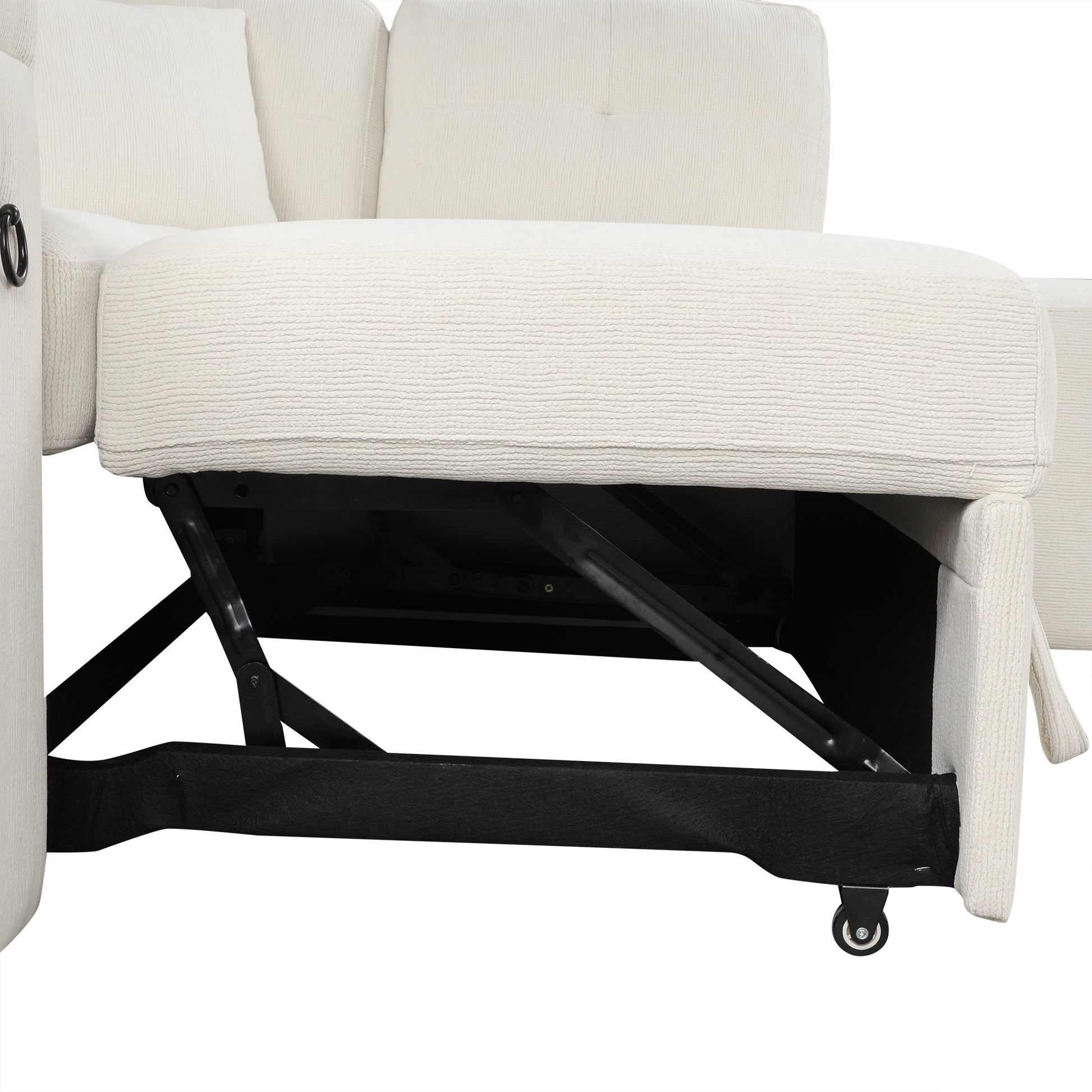 Cream fabric recliner sofa with visible lifting mechanism and caster wheels