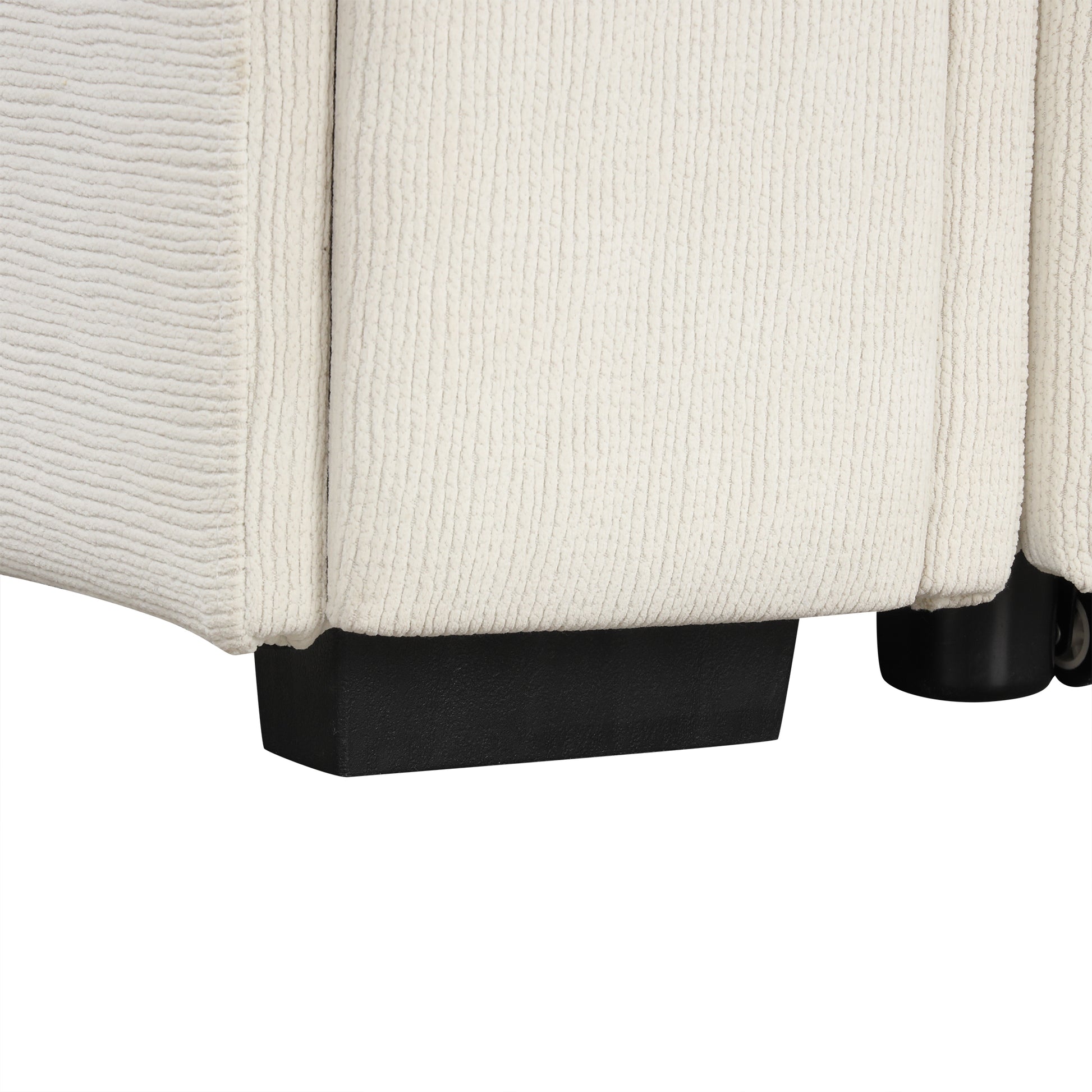 Closeup of ivory chenille fabric texture on a sofa armrest