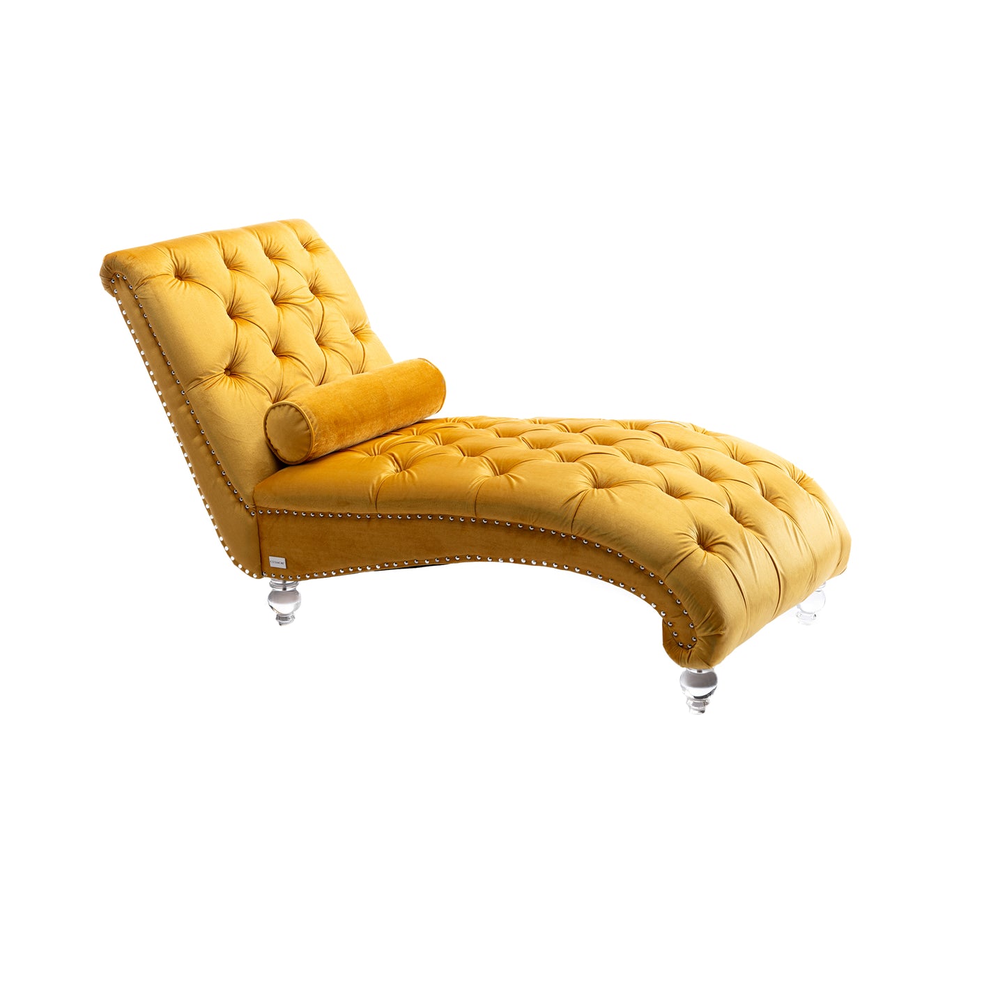 Yellow velvet tufted chaise lounge with silver nailhead trim and clear acrylic legs