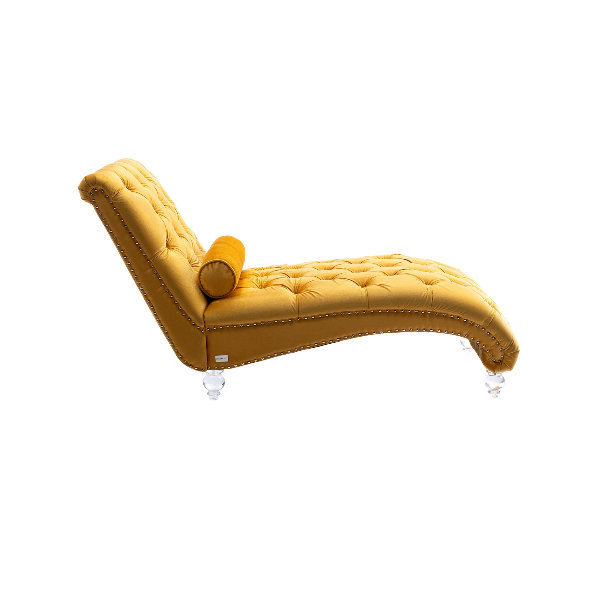 Yellow velvet chaise lounge with tufted detailing and silver nailhead trim