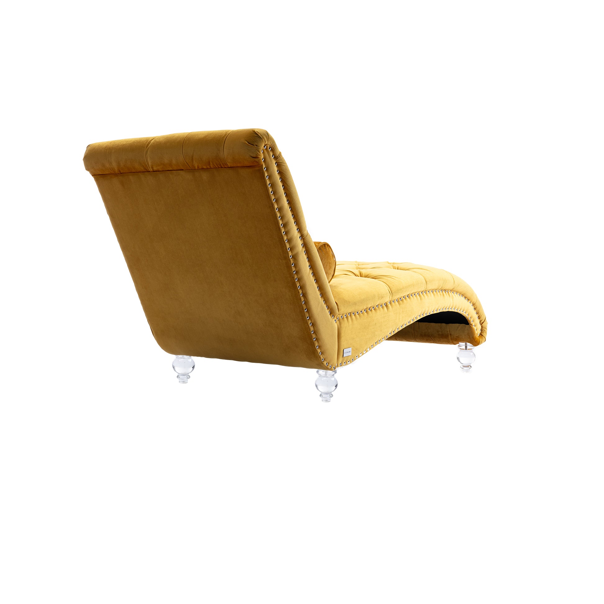 Yellow velvet tufted chaise lounge with crystal legs and silver nailhead trim