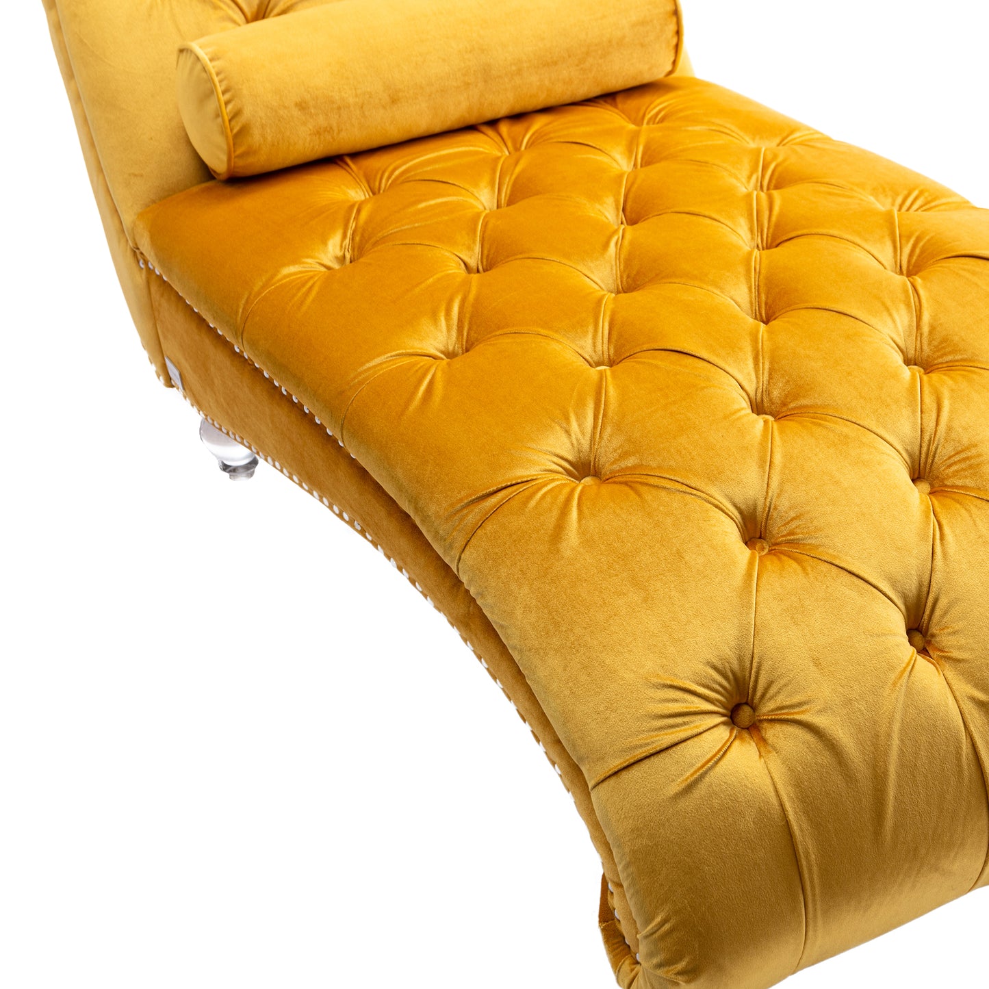 Tufted mustard velvet chaise lounge with bolster pillow and silver nailhead trim