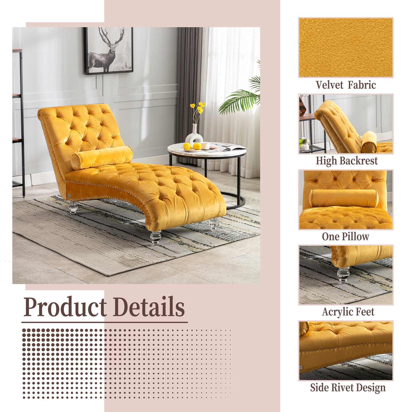 Yellow velvet chaise lounge with tufted cushions and silver rivets