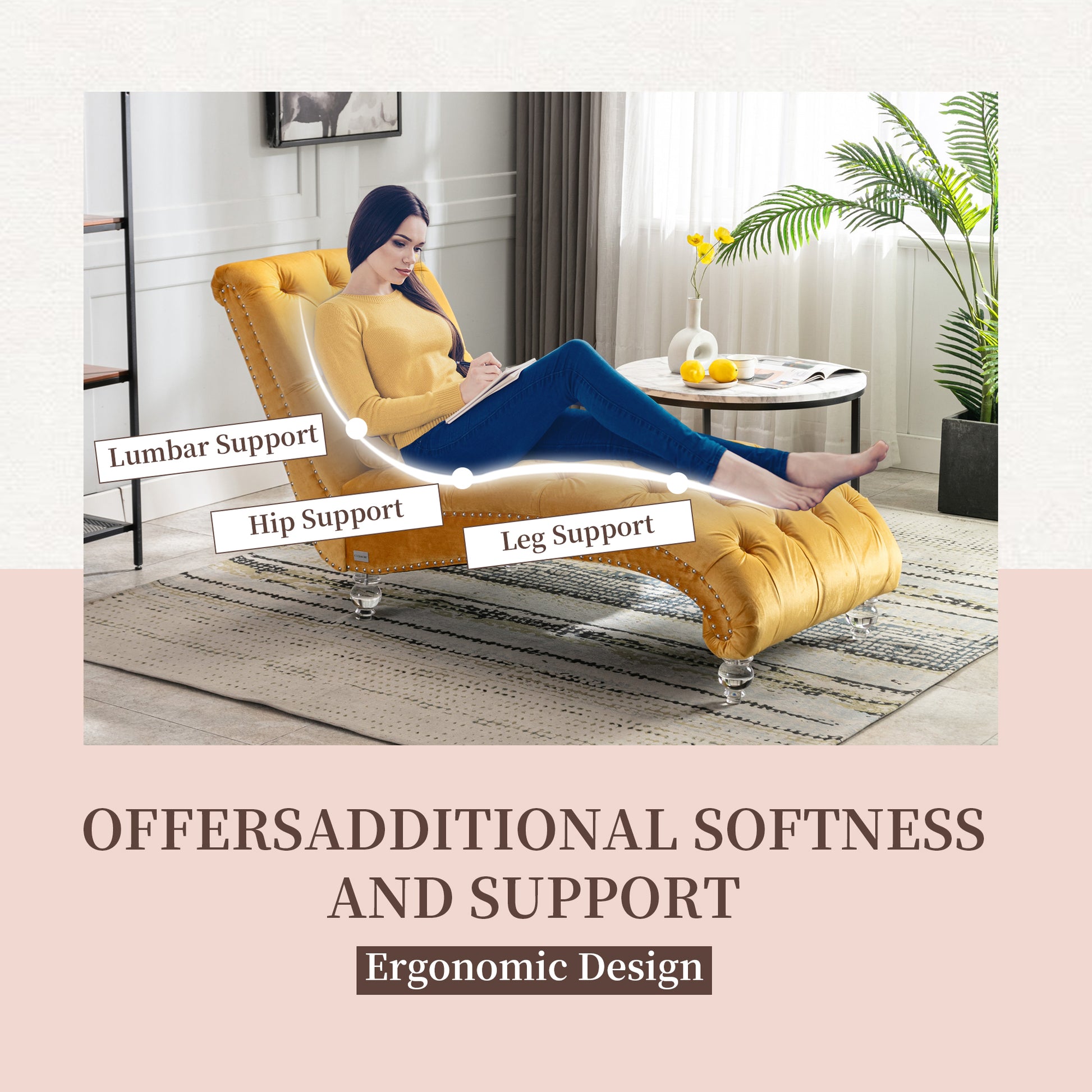 Yellow velvet chaise lounge with tufted design offering lumbar hip and leg support for comfort