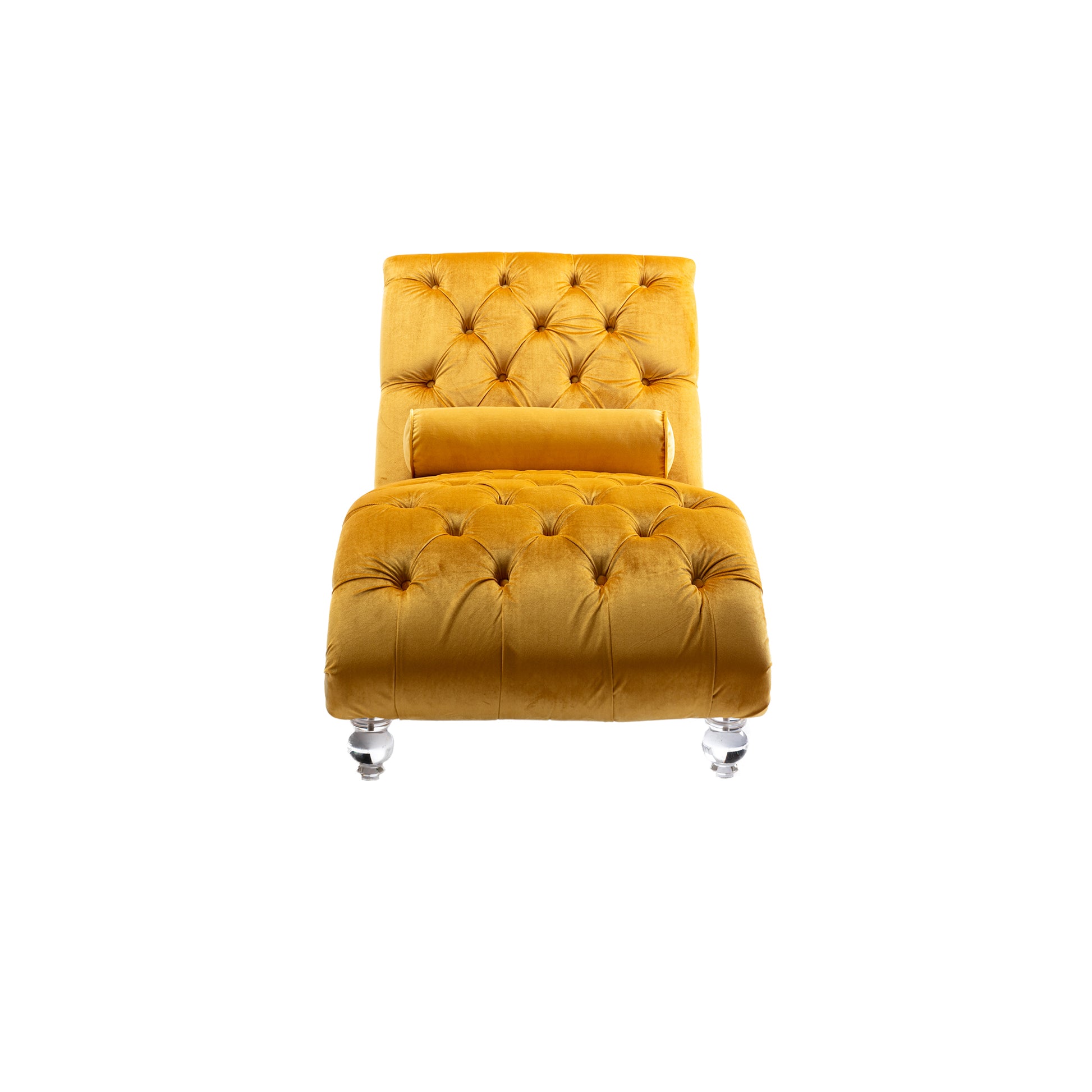 Tufted gold velvet accent chair with bolster pillow and clear acrylic legs