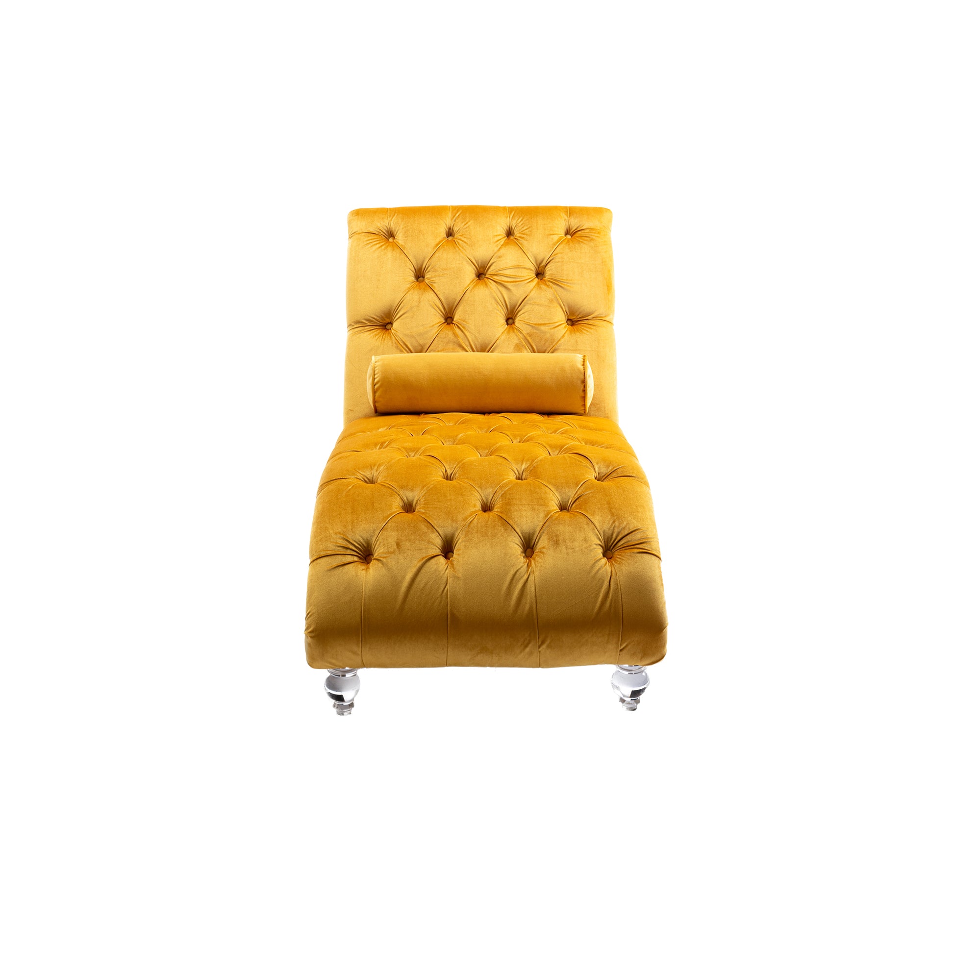 Yellow velvet chaise lounge with tufted detailing and crystal legs