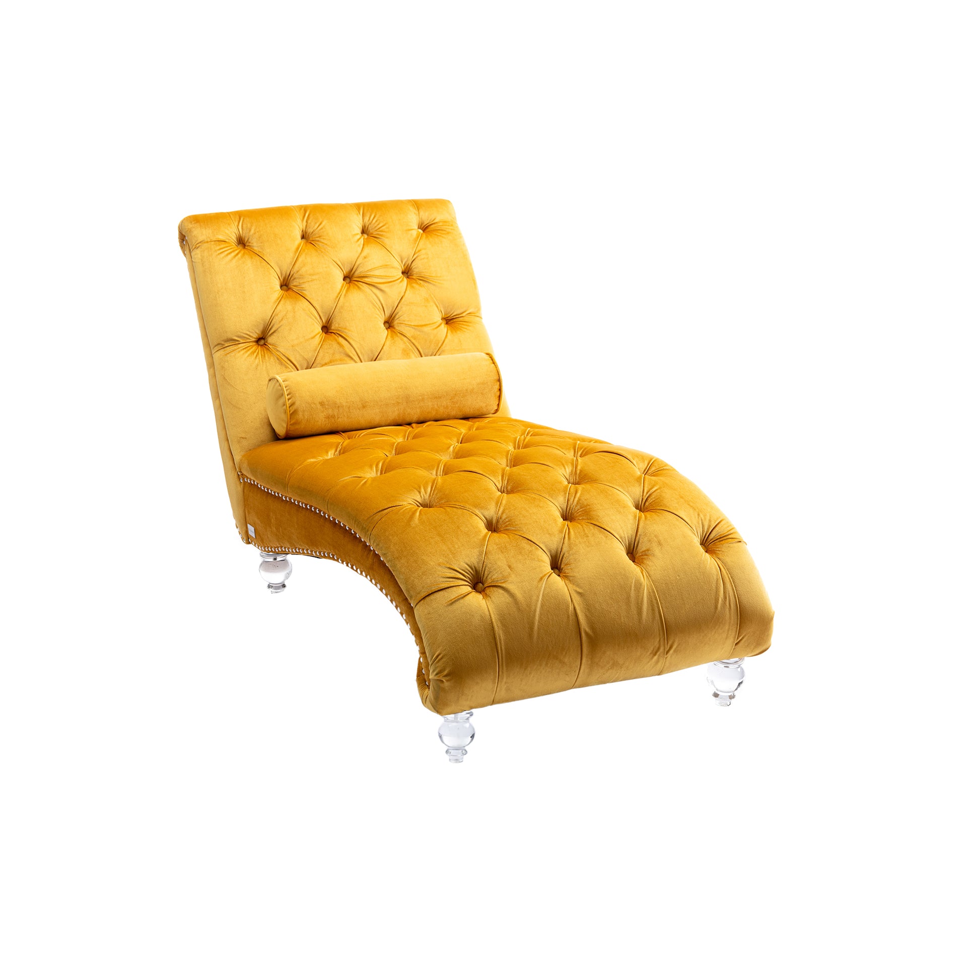 Gold velvet chaise lounge with tufted upholstery and crystal legs