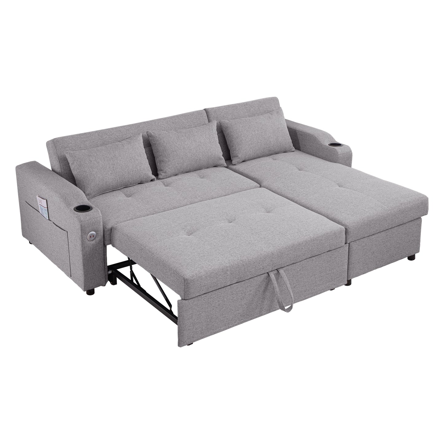 Gray fabric convertible sofa bed with chaise and storage