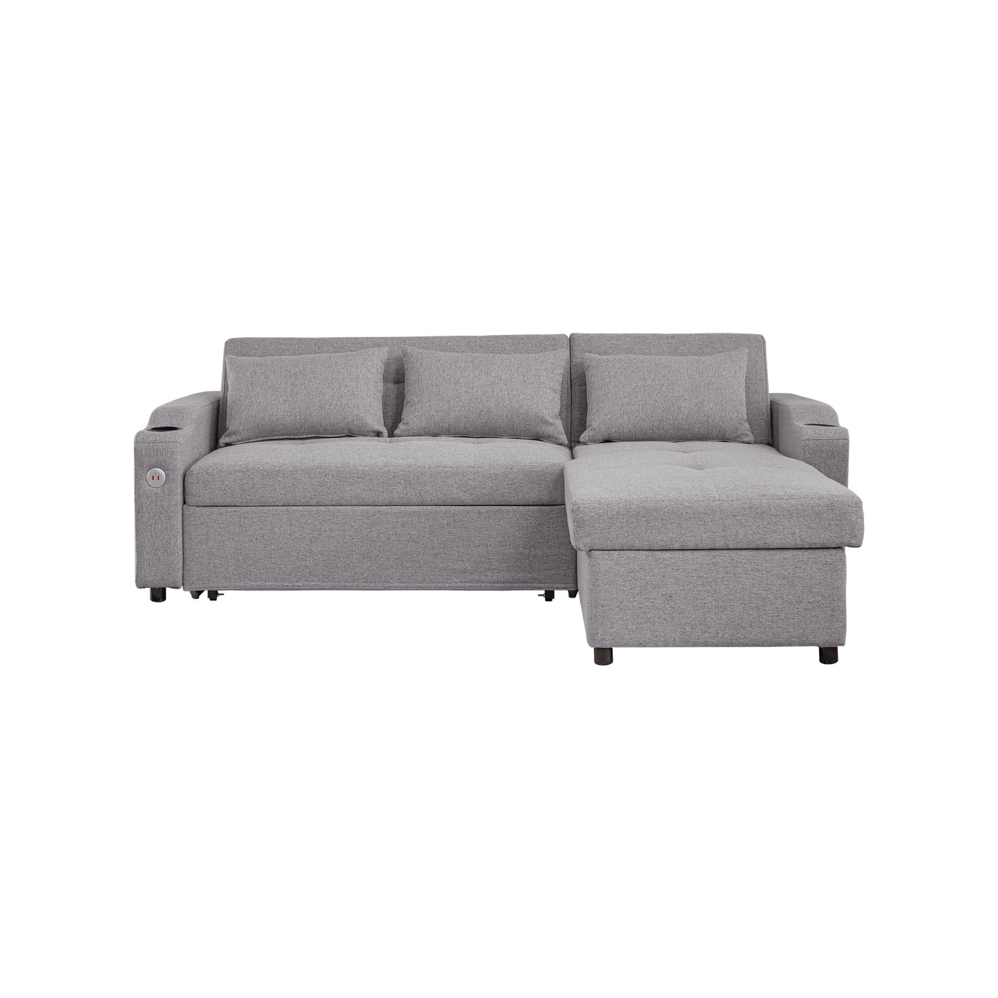 Grey fabric sectional sofa with tufted chaise lounge and cup holder armrest