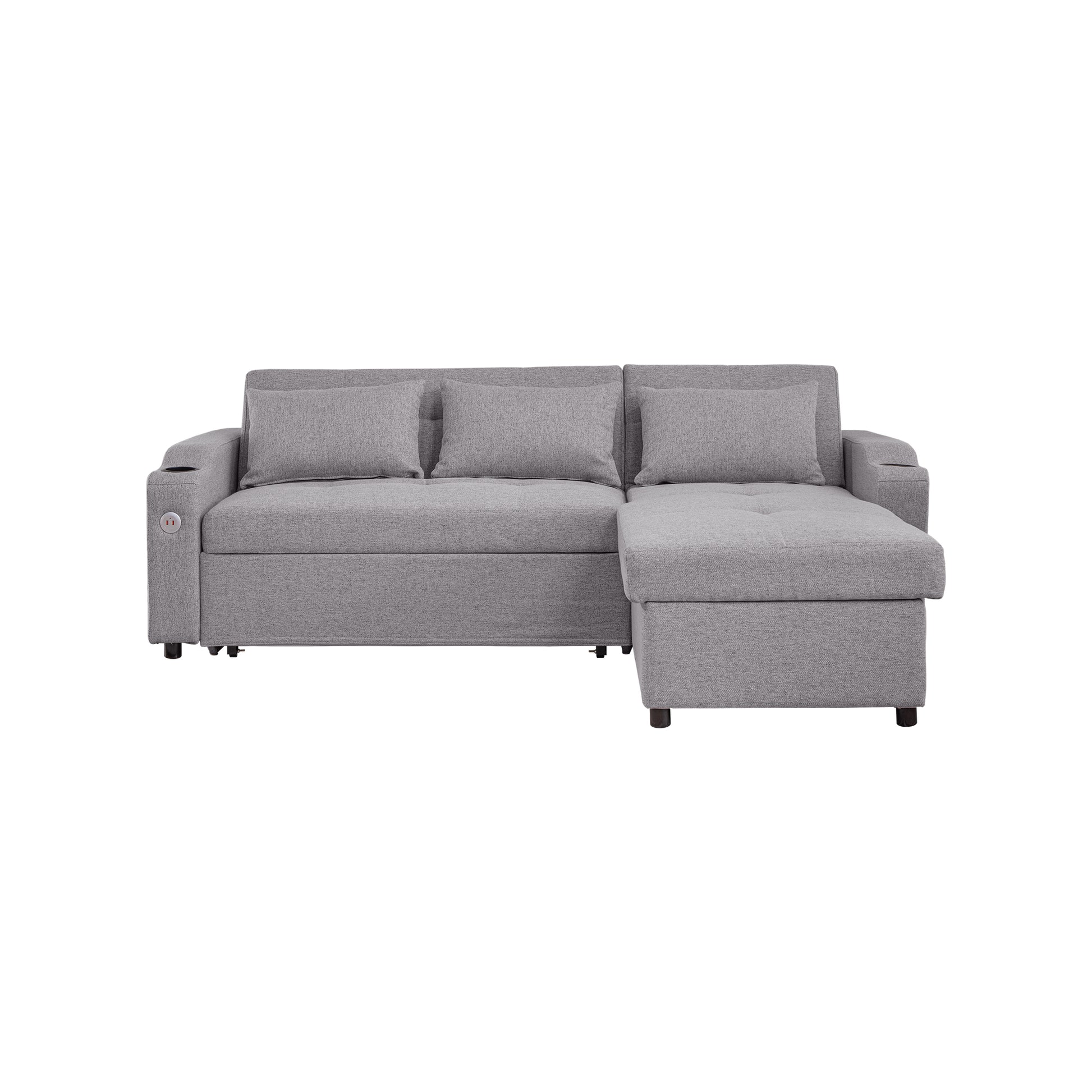 Grey fabric sectional sofa with tufted chaise lounge and cup holder armrest