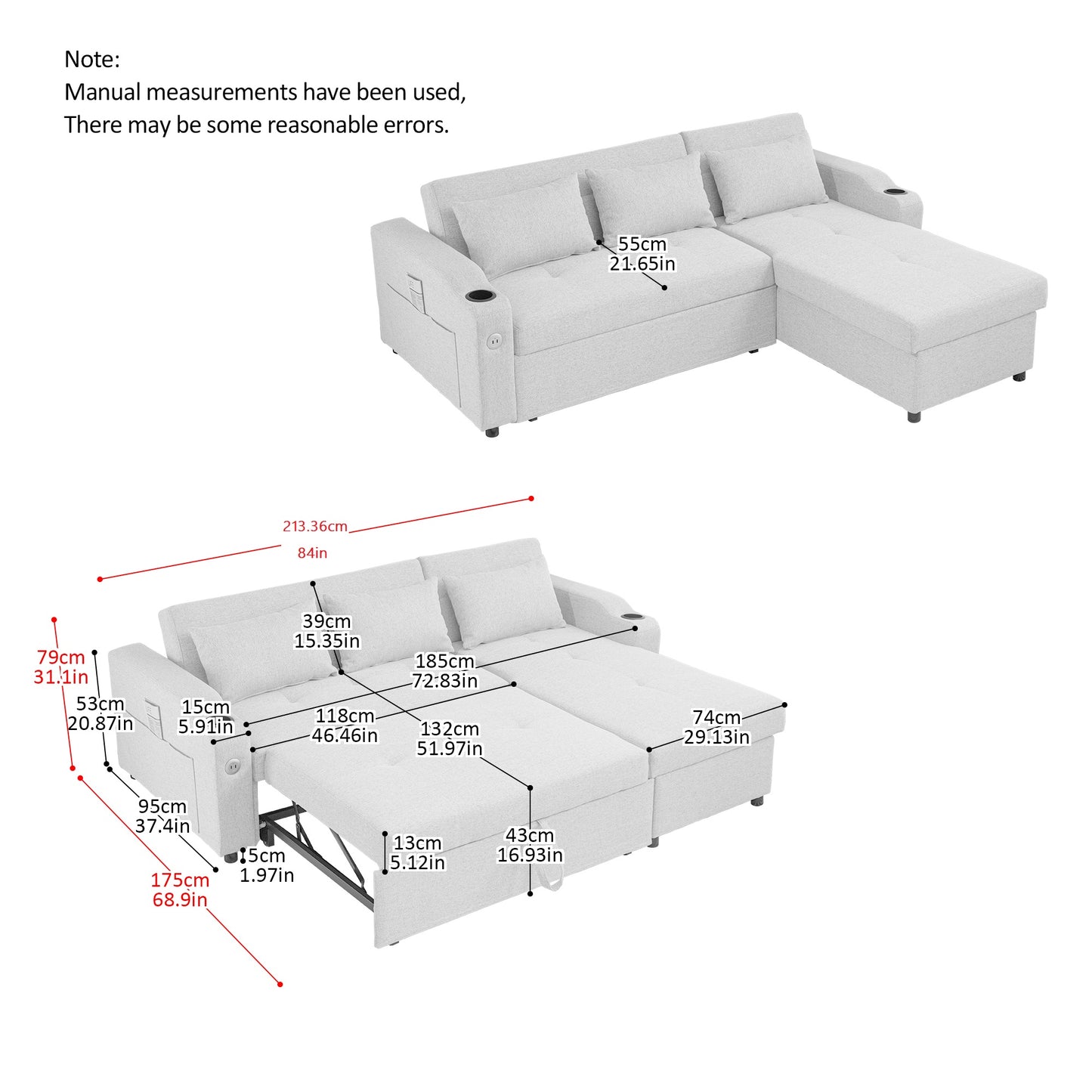 Light gray linen sectional sofa bed with pullout mattress and storage