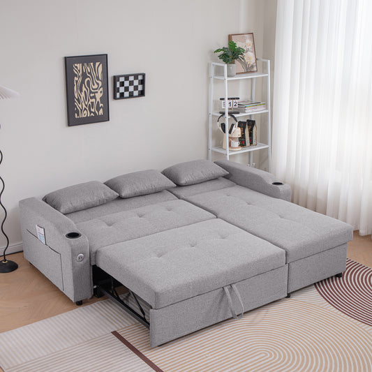 Gray fabric sectional sofa bed with chaise and storage compartment