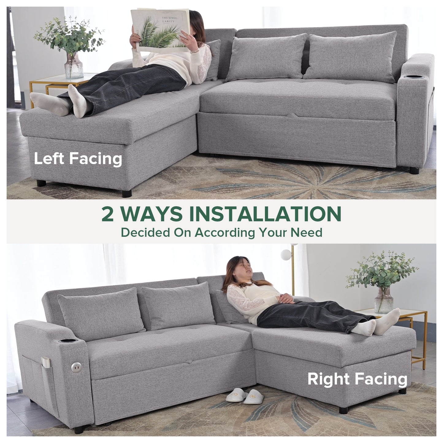 Gray fabric sectional sofa with chaise showing leftfacing configuration and cup holder