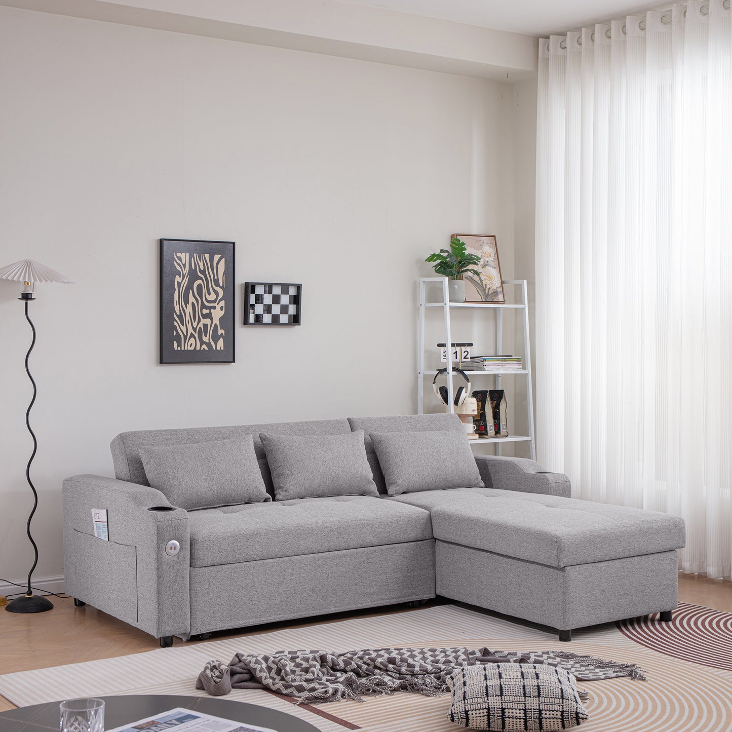 Gray sectional sofa with builtin cup holder and USB ports