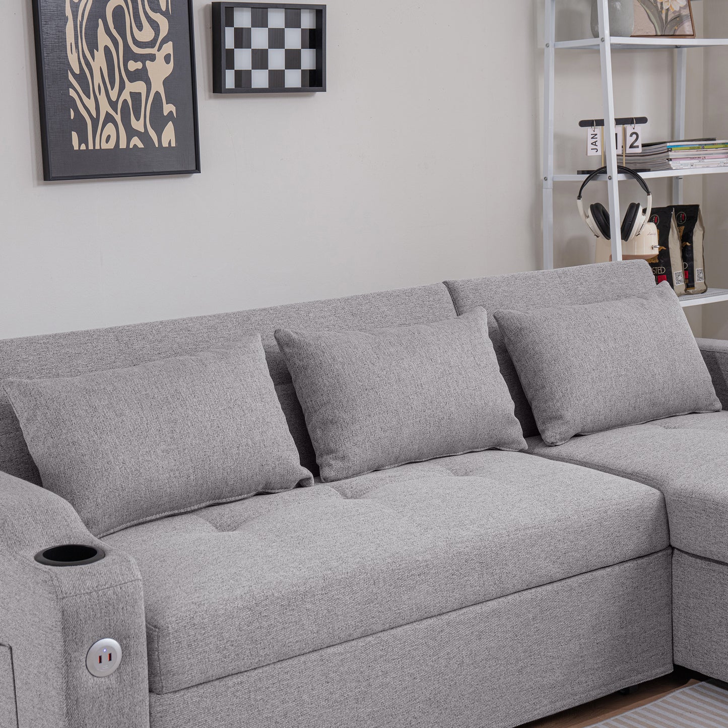 Grey fabric sectional sofa with builtin cup holder and USB port